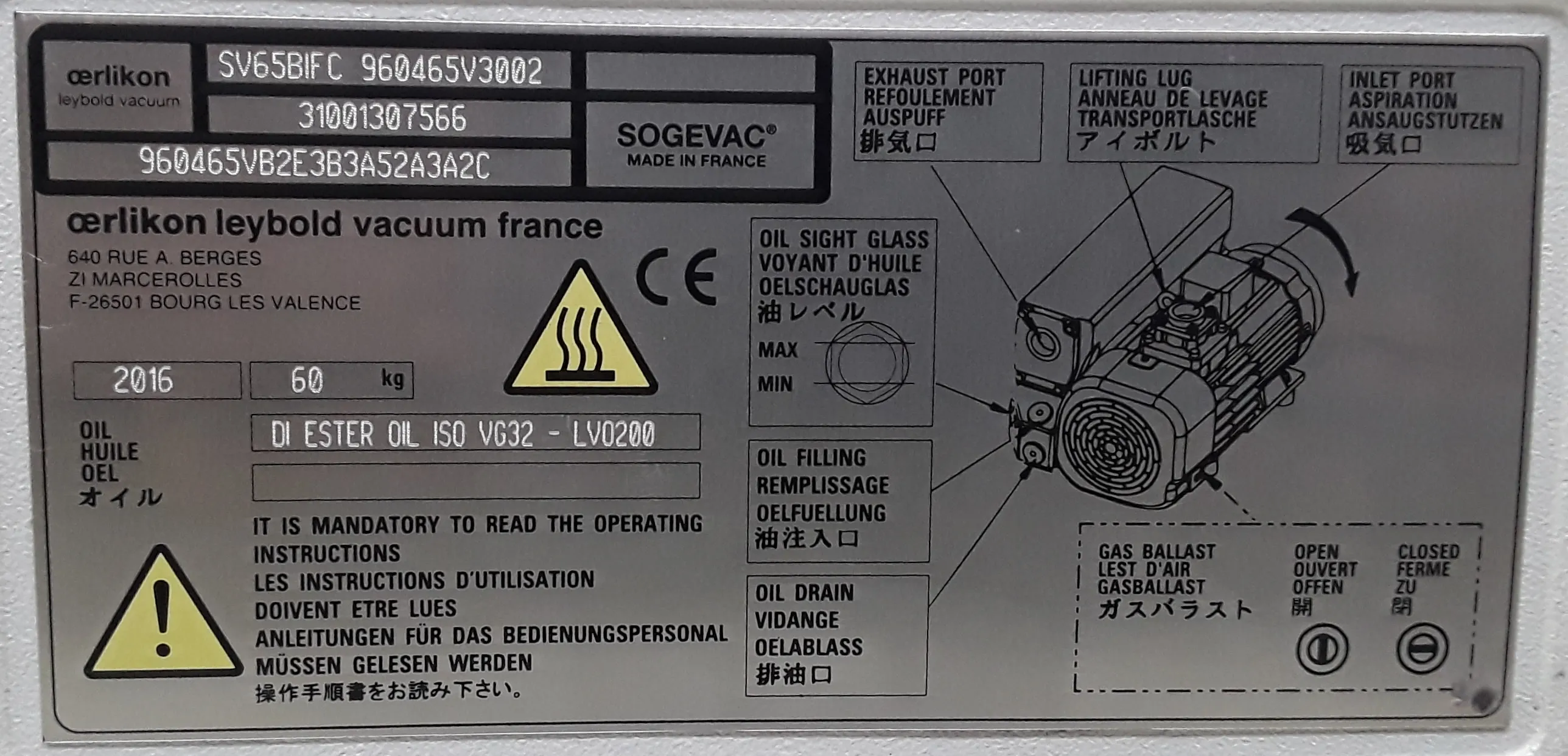 Sogevac SV65 BI FC Vacuum Pump, Used 30-Day Warranty