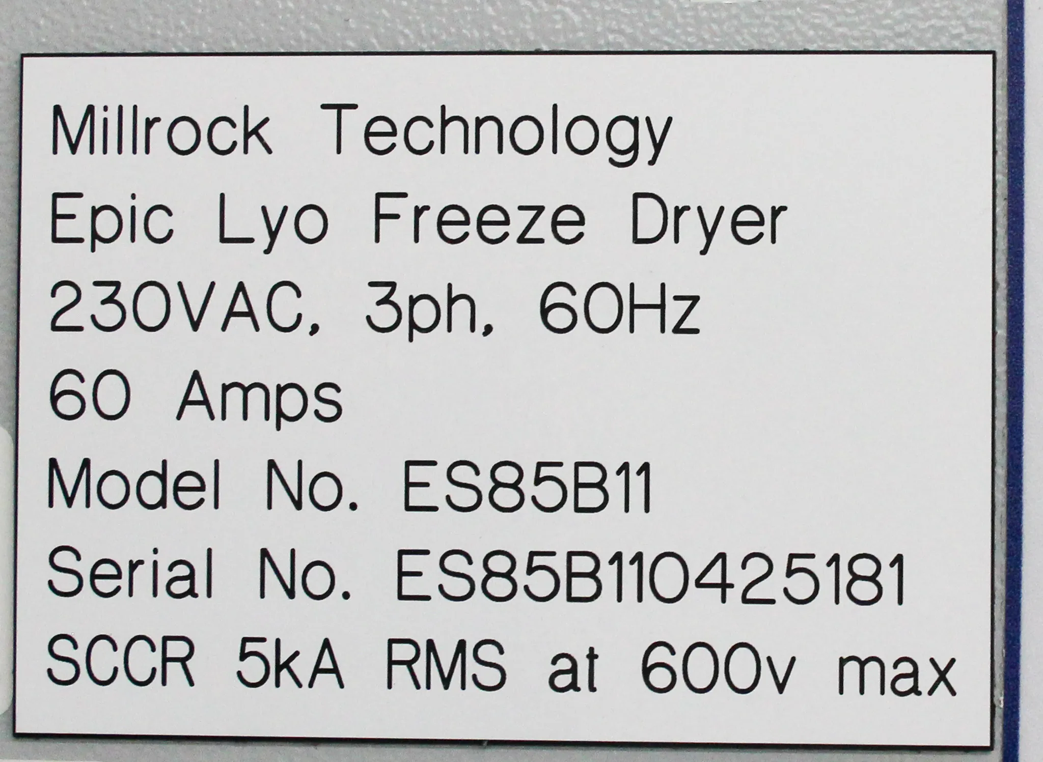 Millrock EPIC Freeze Dryer ES85B11 w/ Advantage Chiller MG4ABLA