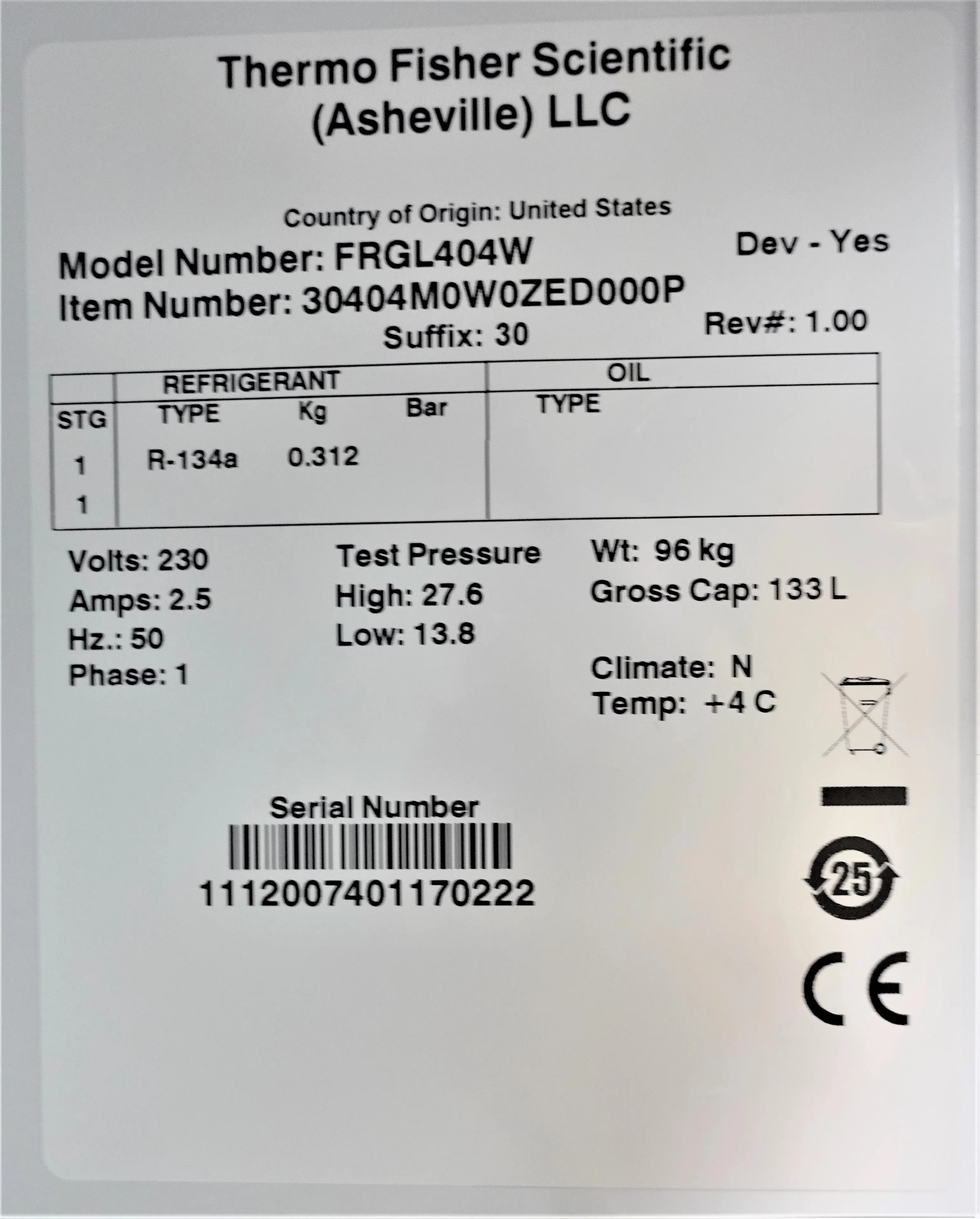 Thermo Fisher +4C Refrigerator FRGL404W 133L British Plug