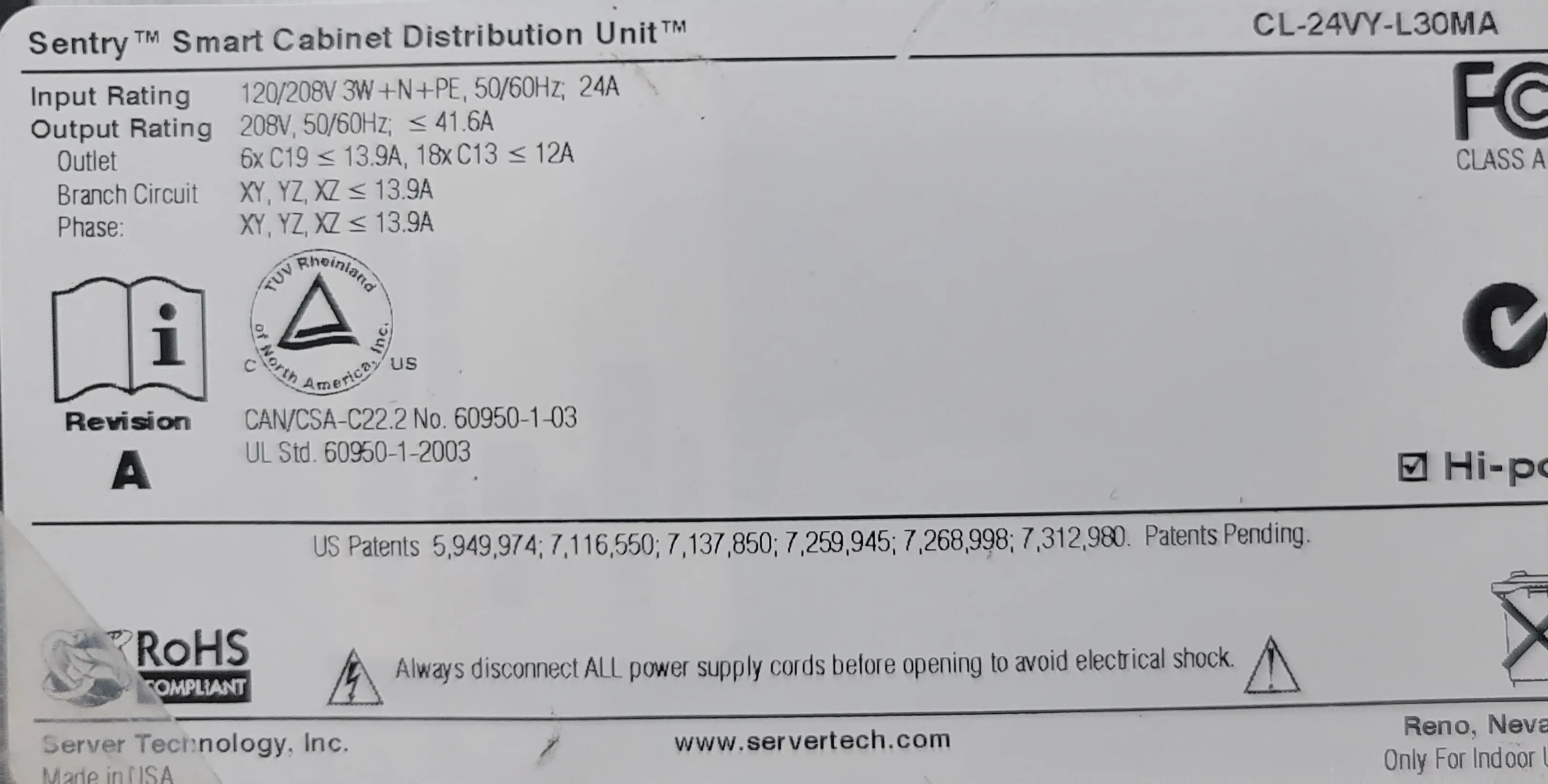 Sentry Smart Cabinet Distribution Units CDU CL-24VY-L30MA