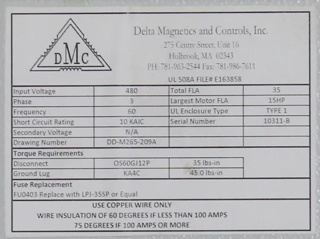 Used Purified Water Pump Control Box Disco204 DMC 480V 60Hz 35A