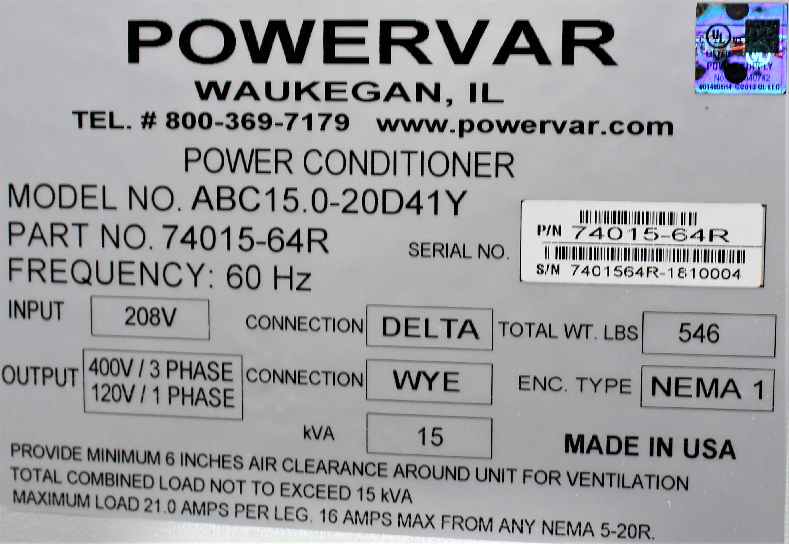 AMETEK Powervar Global Power Interface (GPI) Series 2000 Power Conditioner - Used