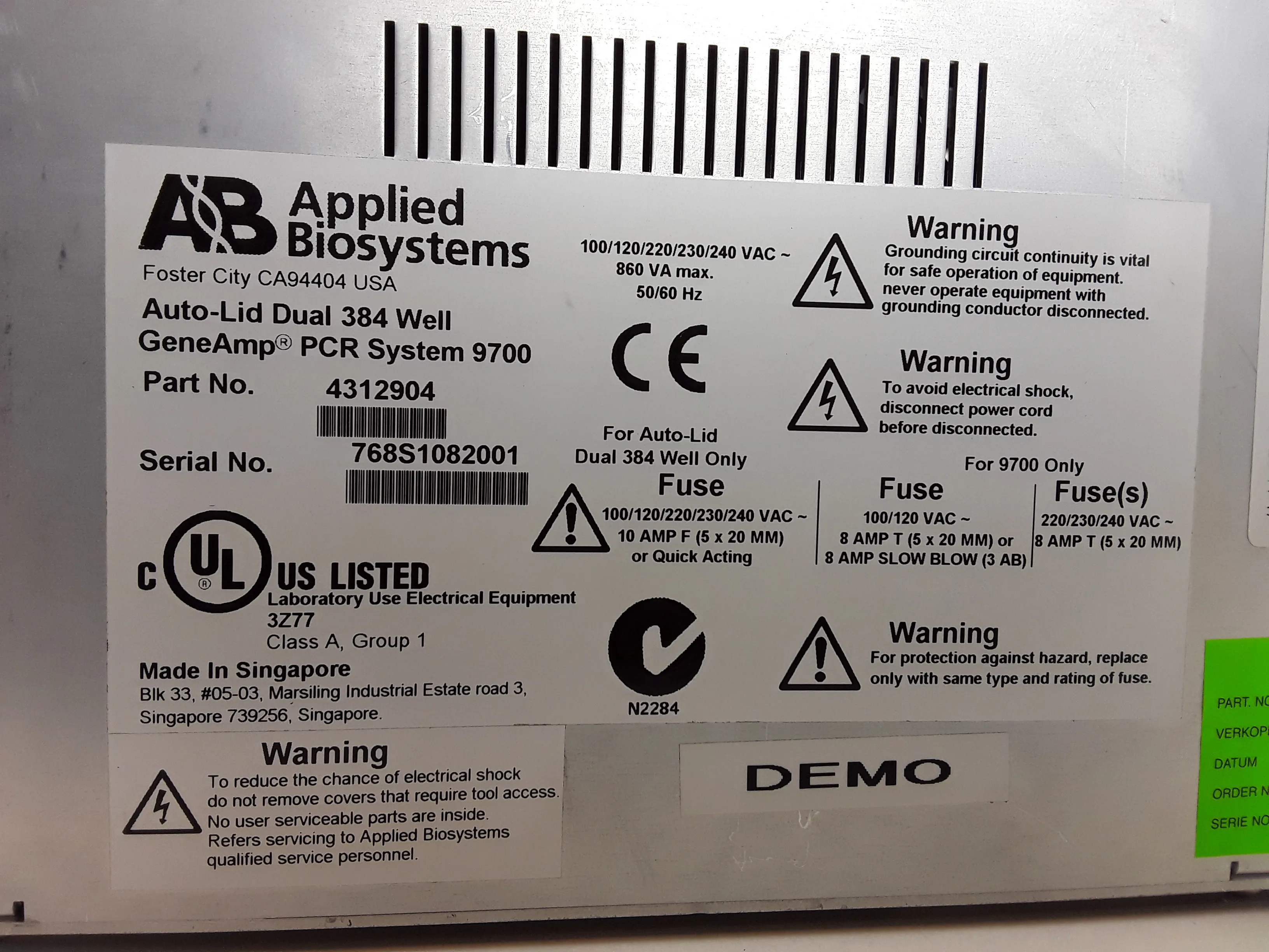 Applied Biosystems Auto Lid Dual 384 Well PCR Thermal Cycler 9700 - Used