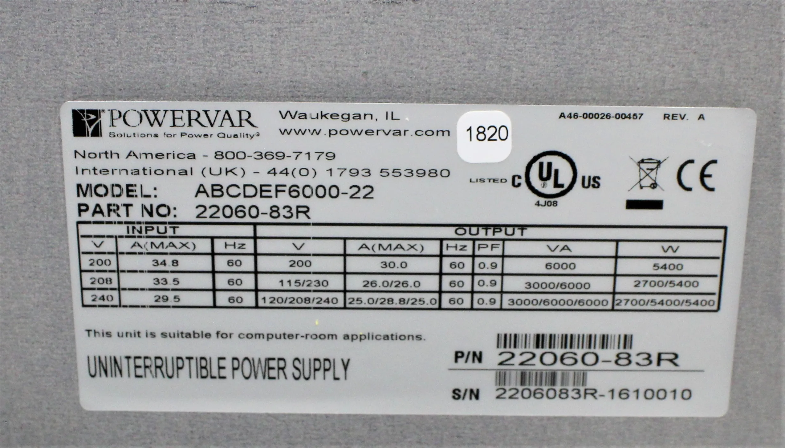 Used Powervar ABCDEF6000-22 Power Supply - UPS with 30-Day Warranty, 100% Parts and Labor