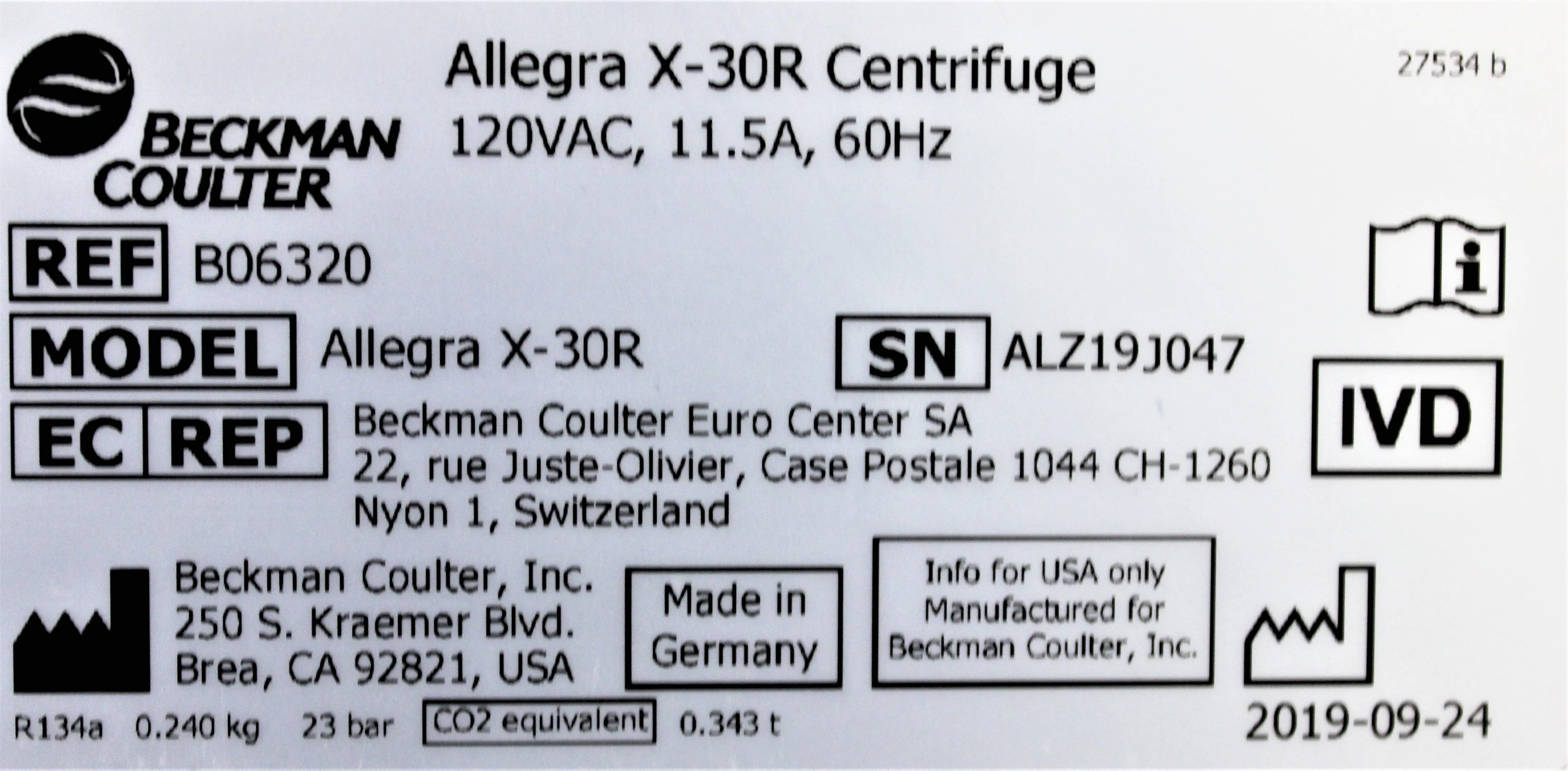 Beckman Coulter Allegra X-30R B06320 Centrifuge