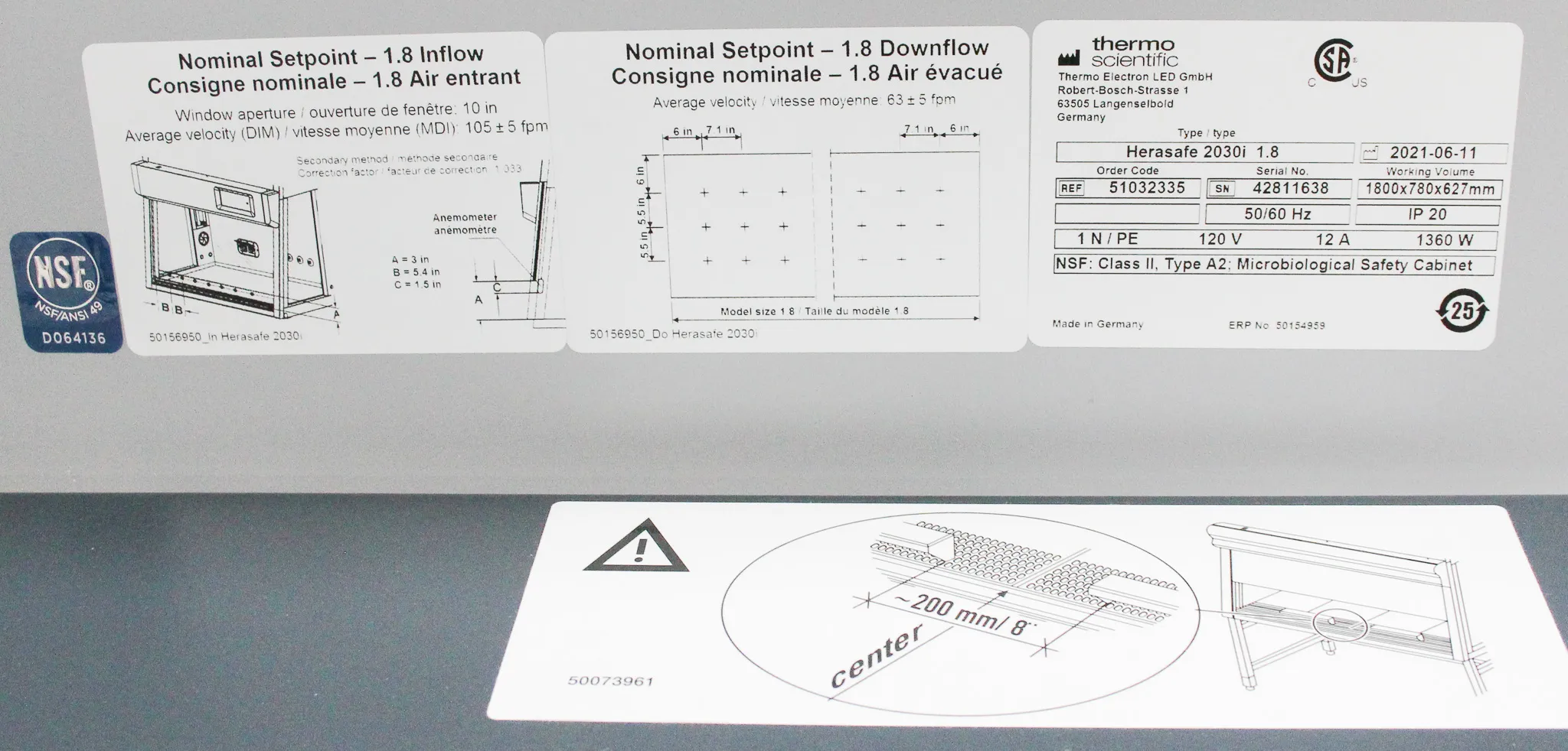 Thermo Scientific Herasafe 2030i 1.8 Class II A2 Biological Safety Cabinet 51032335