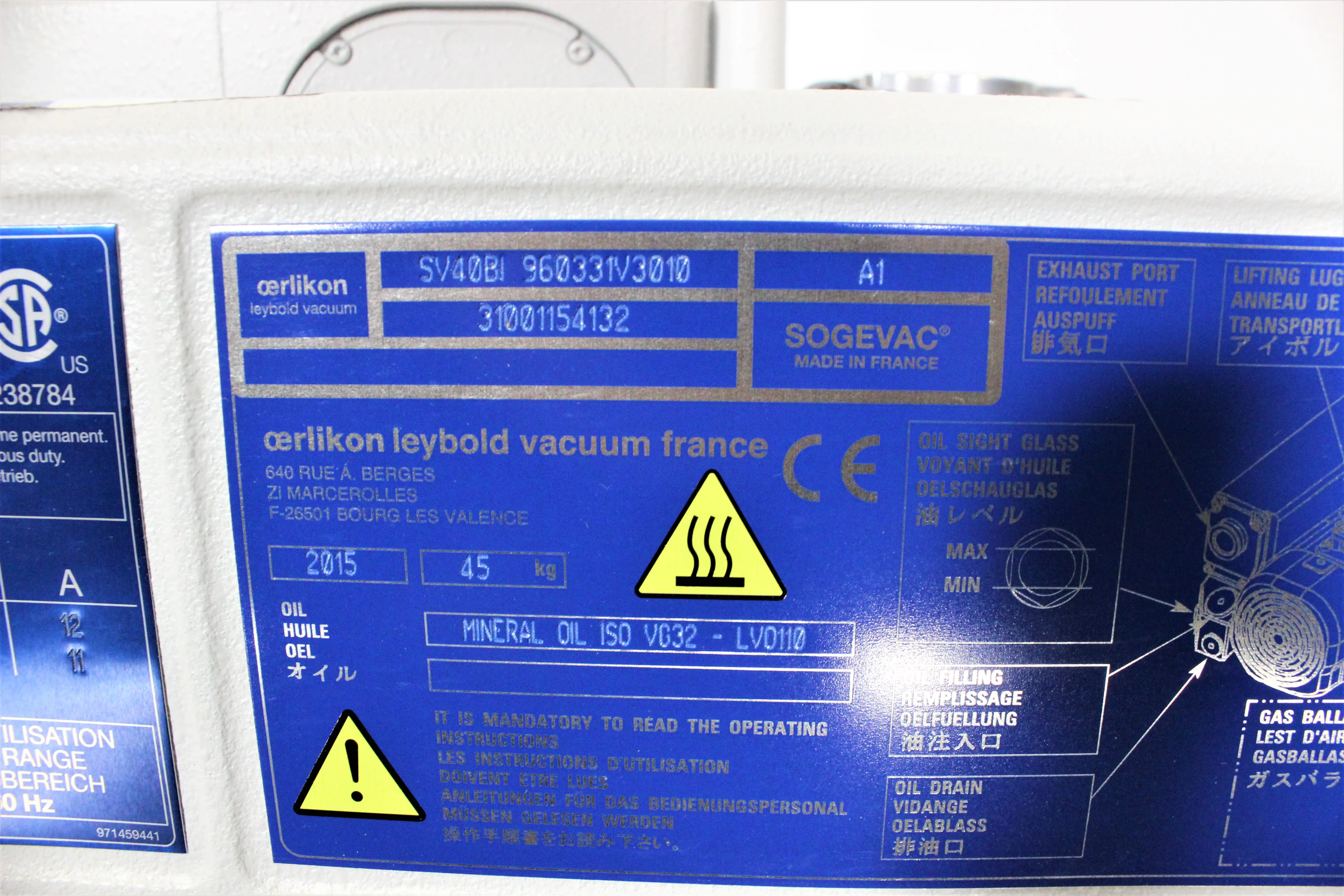 Used Leybold Sogevac SV40 Rotary Vane Vacuum Pump