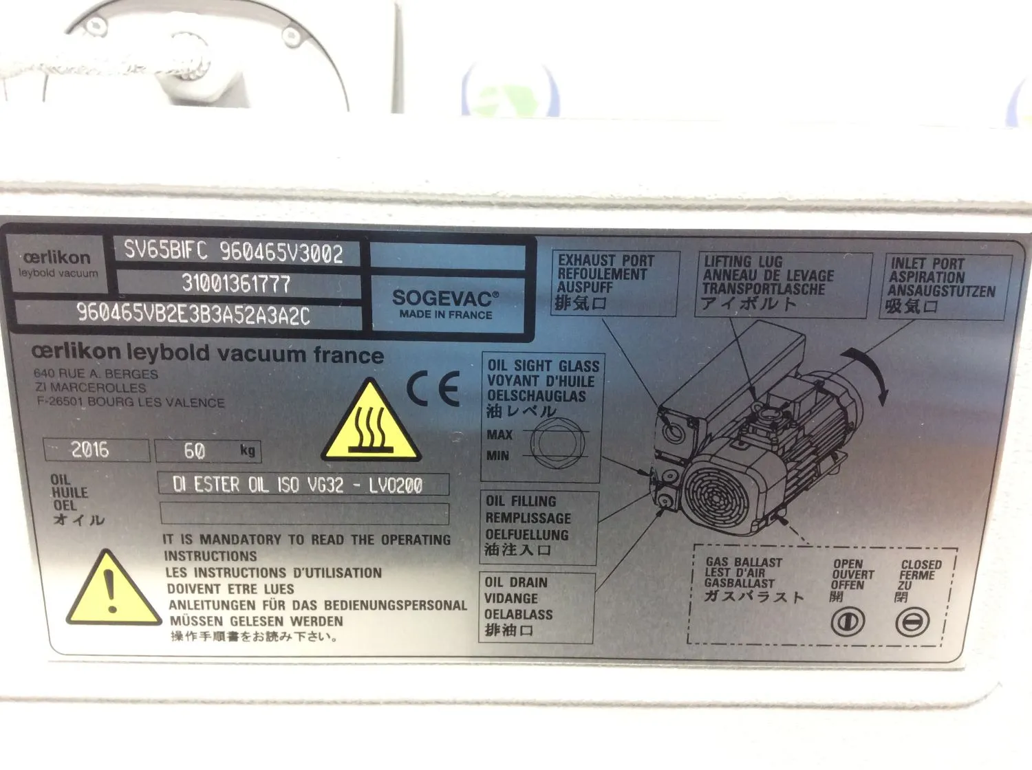 Sogevac SV65 BI FC Vacuum Pump Single Stage Oil Sealed Rotary Vane Vacuum Pump 1.1 Torr