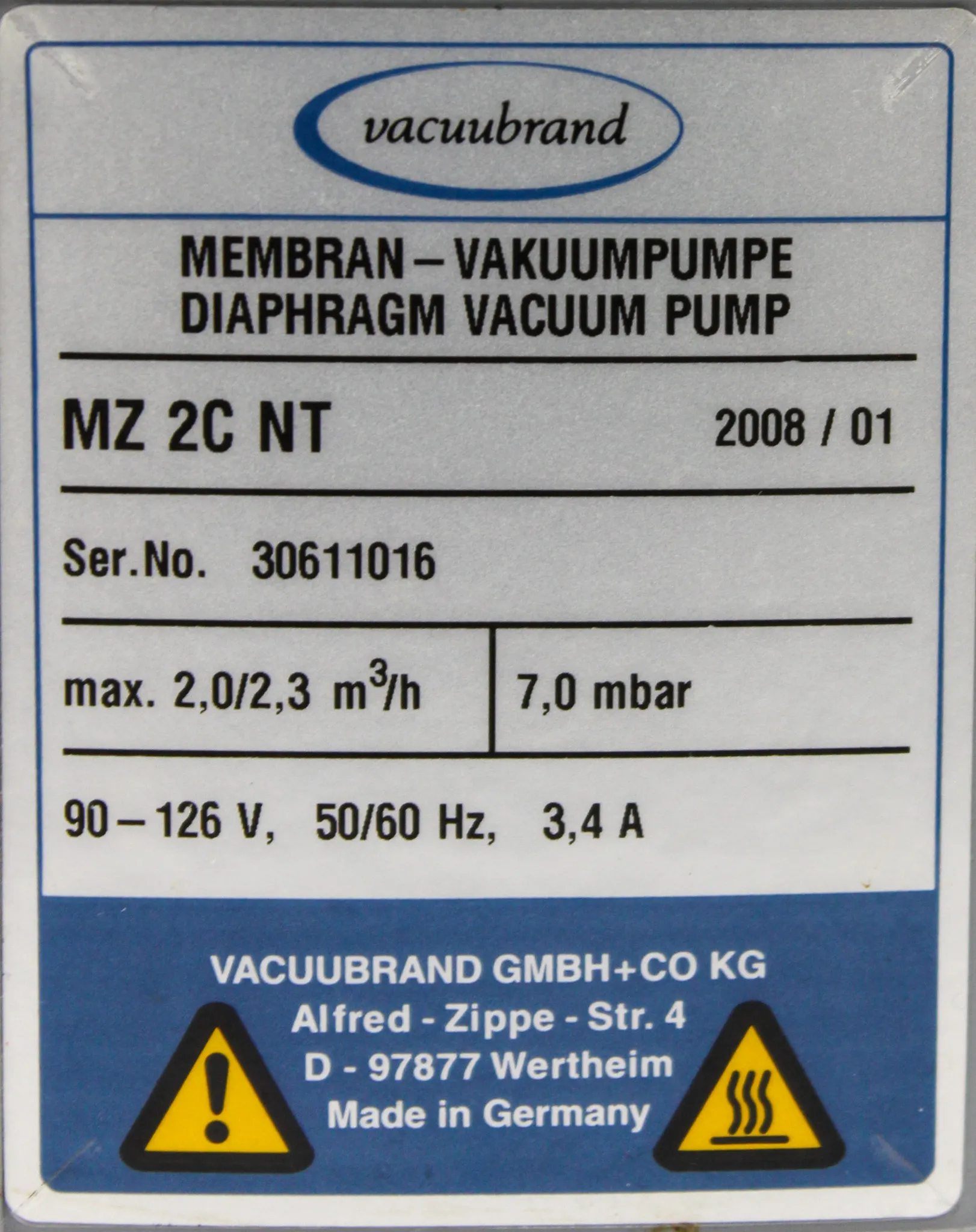 Vacuumbrand MZ 2C NT Chemistry Design Diaphragm Vacuum Pump MZ 2C NT