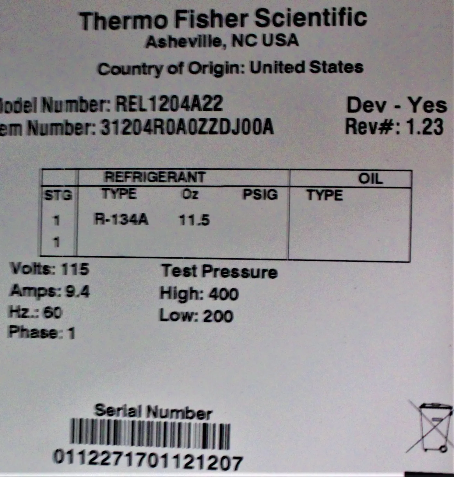 Thermo Scientific REL1204A Laboratory Refrigerator