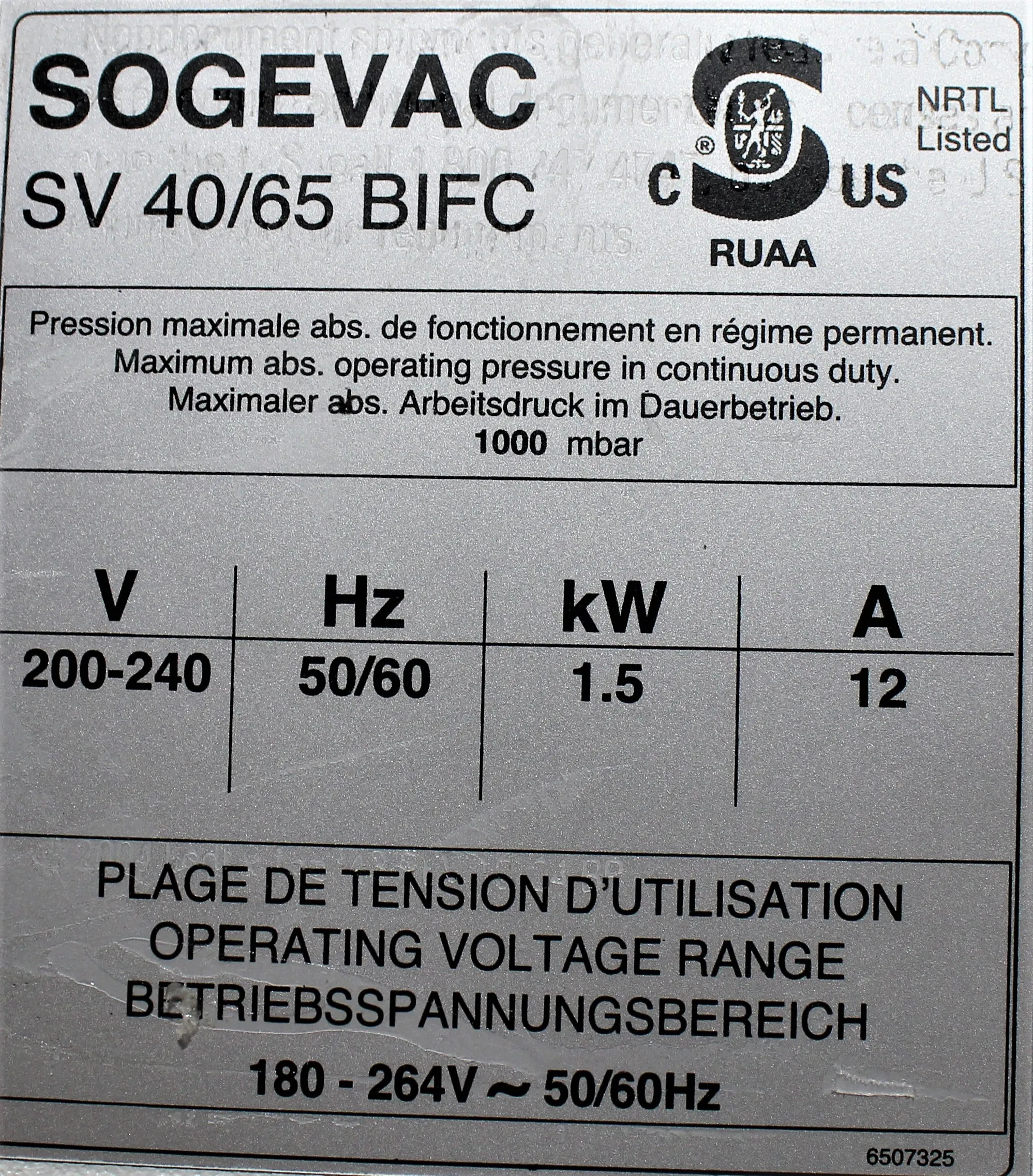 Leybold Sogevac SV40/65 BI FC Vacuum Pump With 220V, 60Hz US Voltage