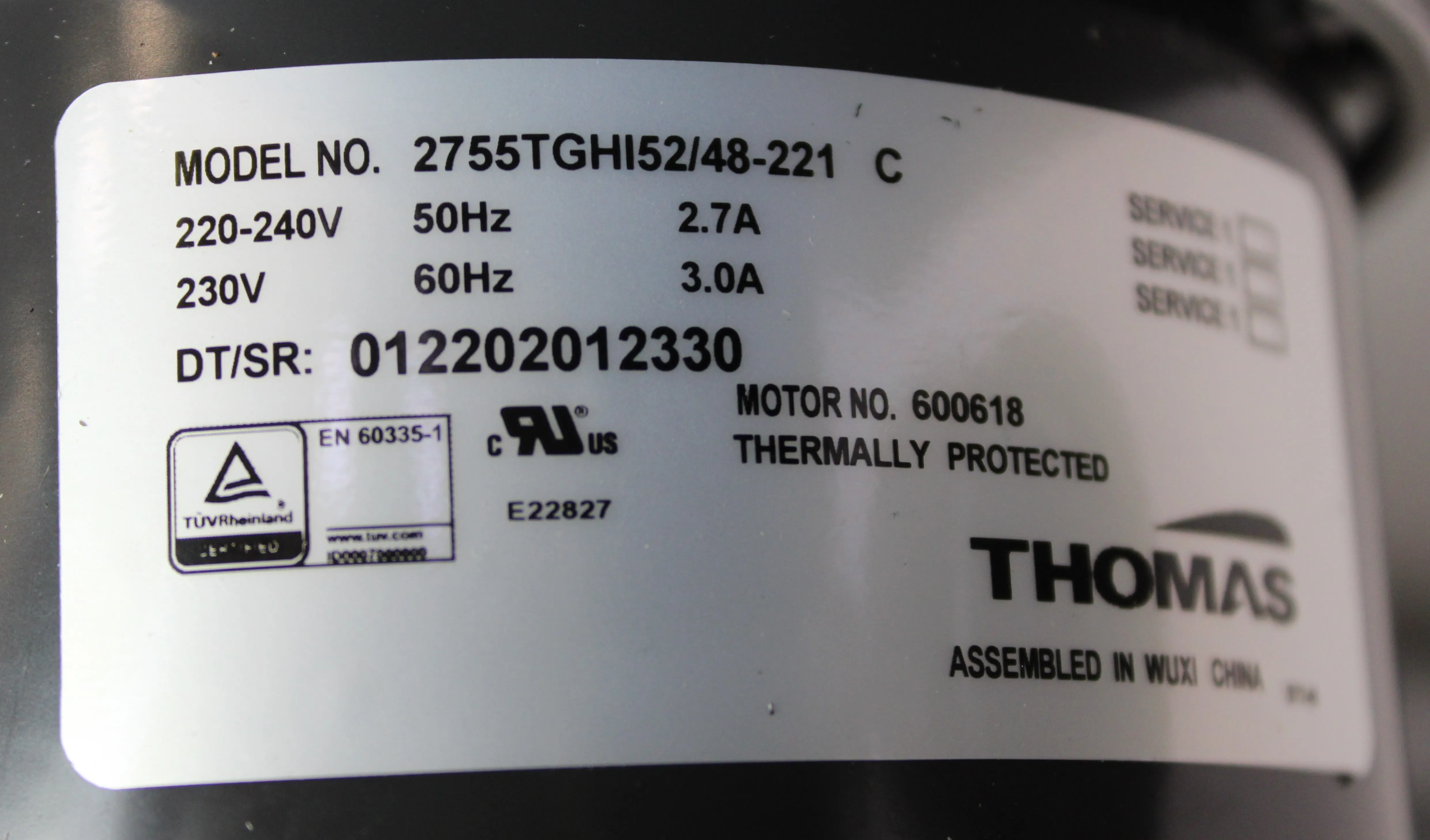 Thomas 2755TGHI52/48-221 Piston Compressor 240V 50/60Hz