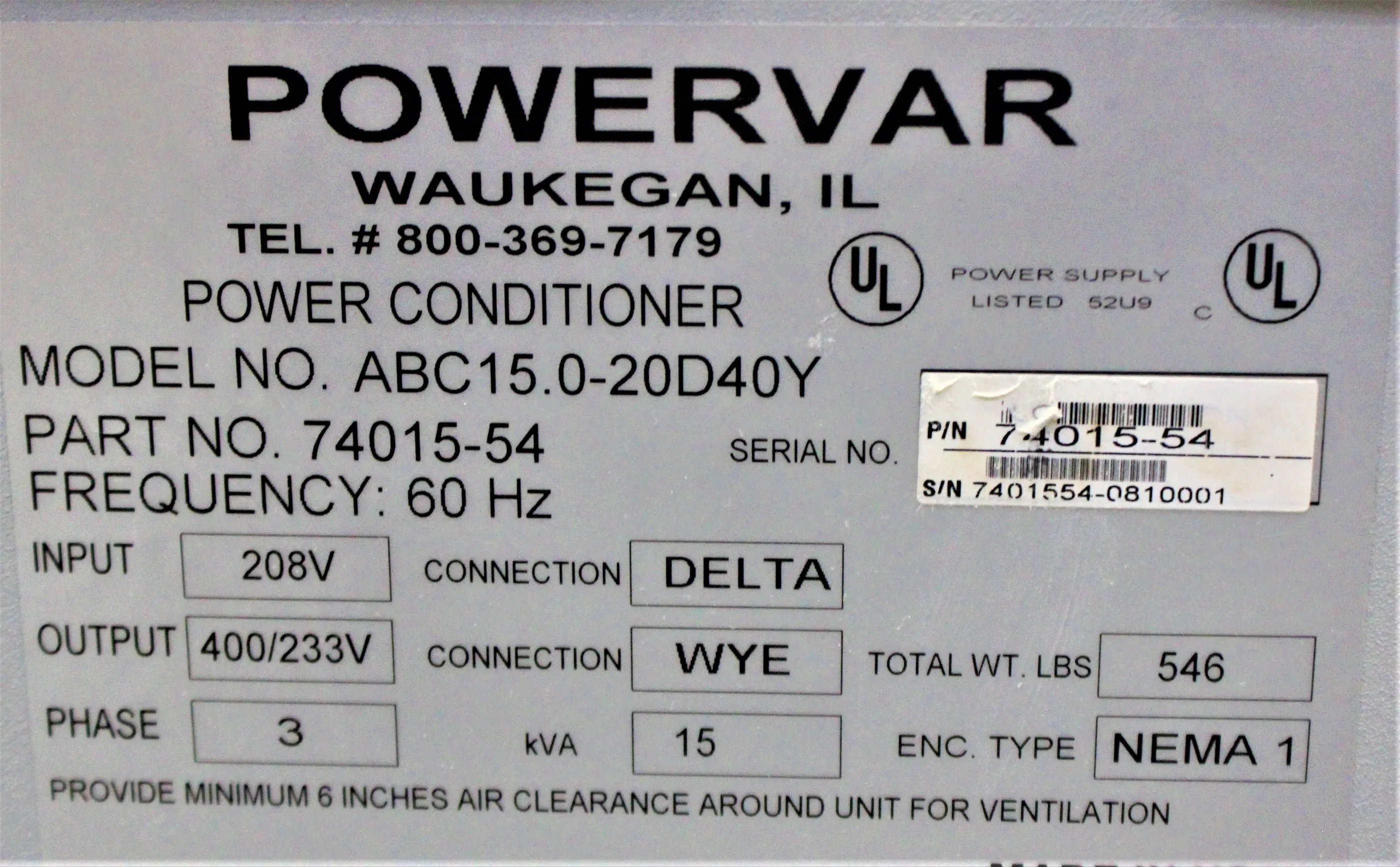 Used Powervar GPI Series 2000 Power Conditioner ABC15.0-20D40Y