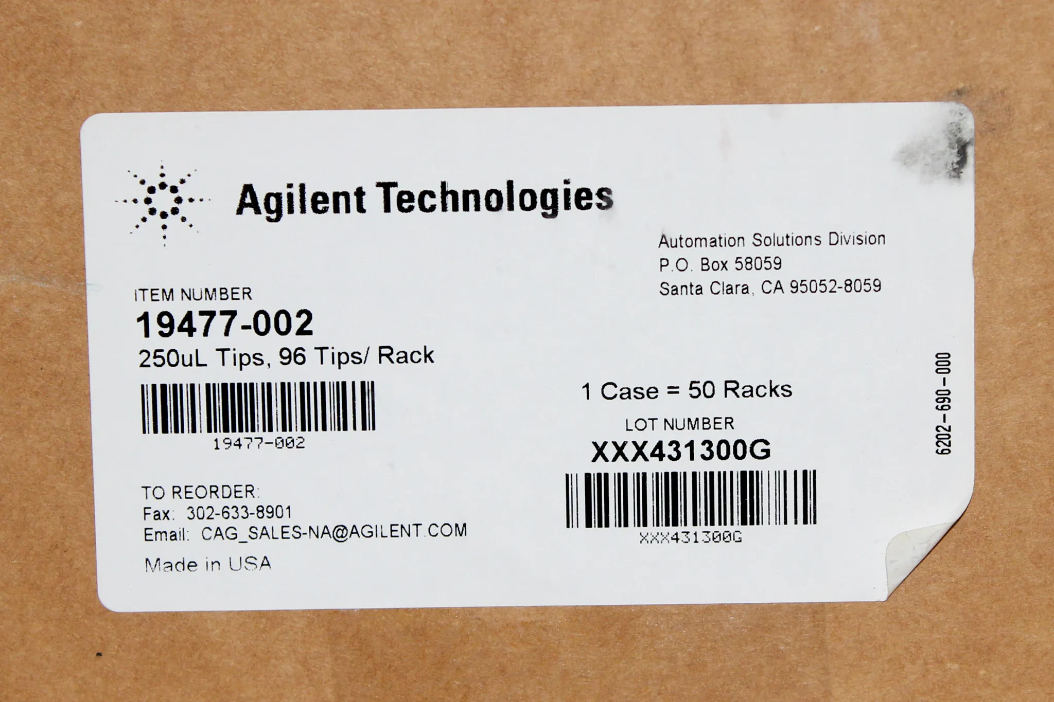 Agilent Technologies 250uL Tips, 96 Tips/Rack Model 19477-002, New Sealed Box with 30-Day Warranty