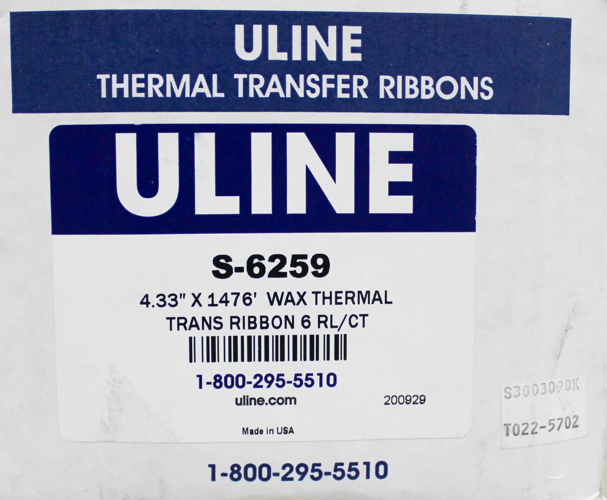 Uline Trans Ribbon 6 Roll per box S-7483/ S-6258/ S-6259 Industrial Thermal Transfer Ribbons - Wax, 4.33" x 984'