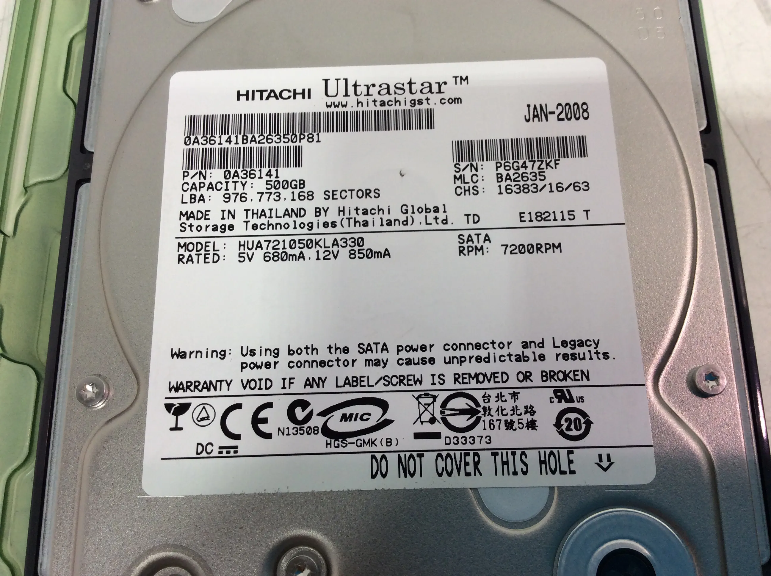 Hitachi Ultrastar HUA721050KLA330 500GB SATA Hard Drive 0A36141