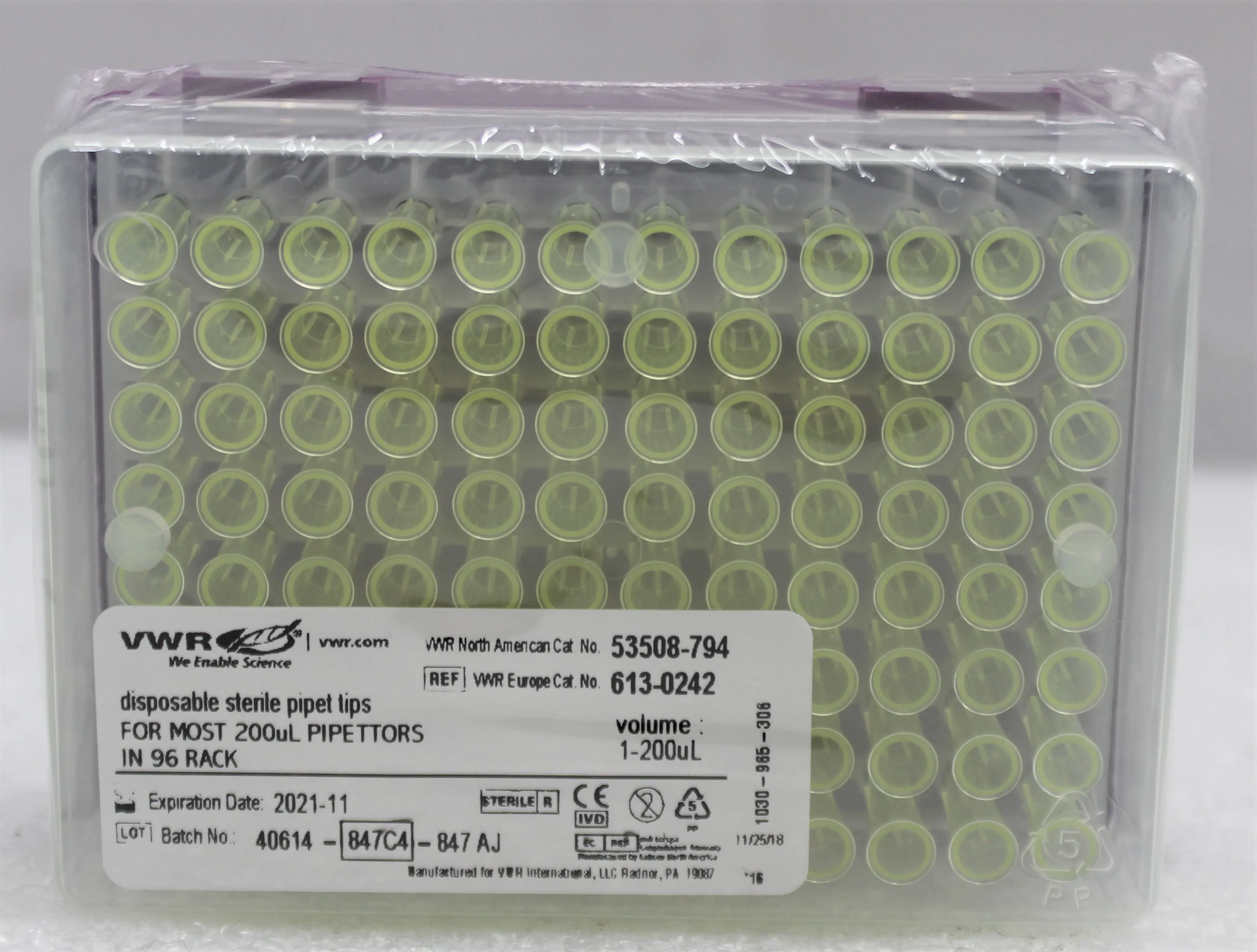 VWR Disposable Sterile Pipet Tips 200uL in 96 Rack