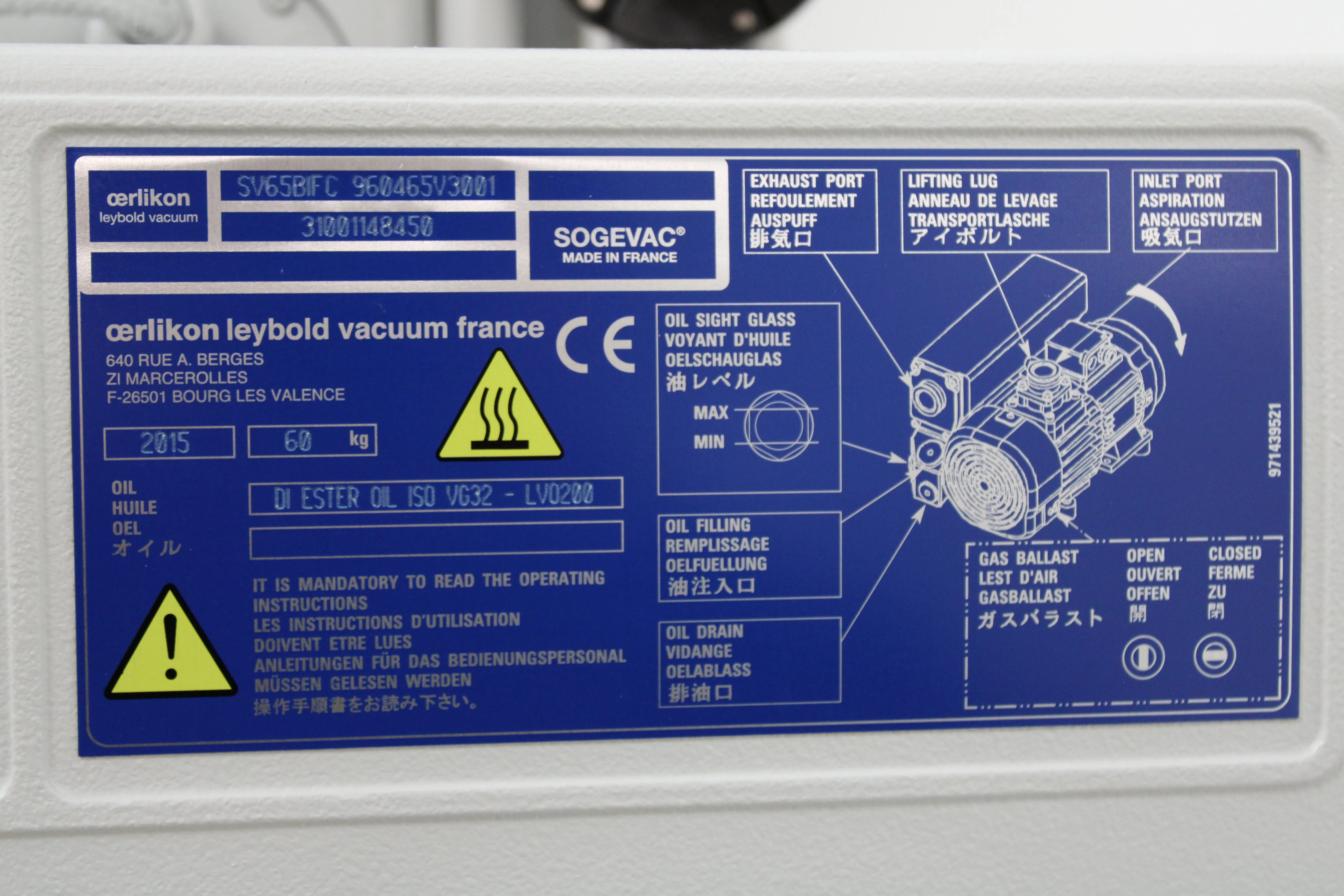 Leybold Sogevac SOGEVAC SV65BIFC 960465V013001 Vacuum Pump 230V 50Hz/60Hz