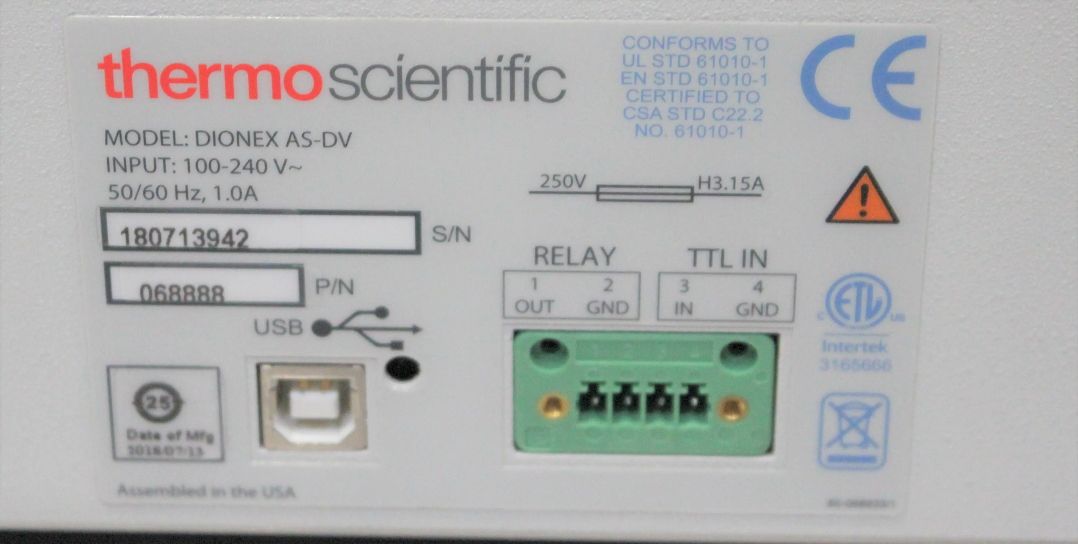 Thermo Scientific Dionex AS-DV Autosampler, Used, Class 2, 120V/220V, 50Hz/60Hz, 30-Day Warranty