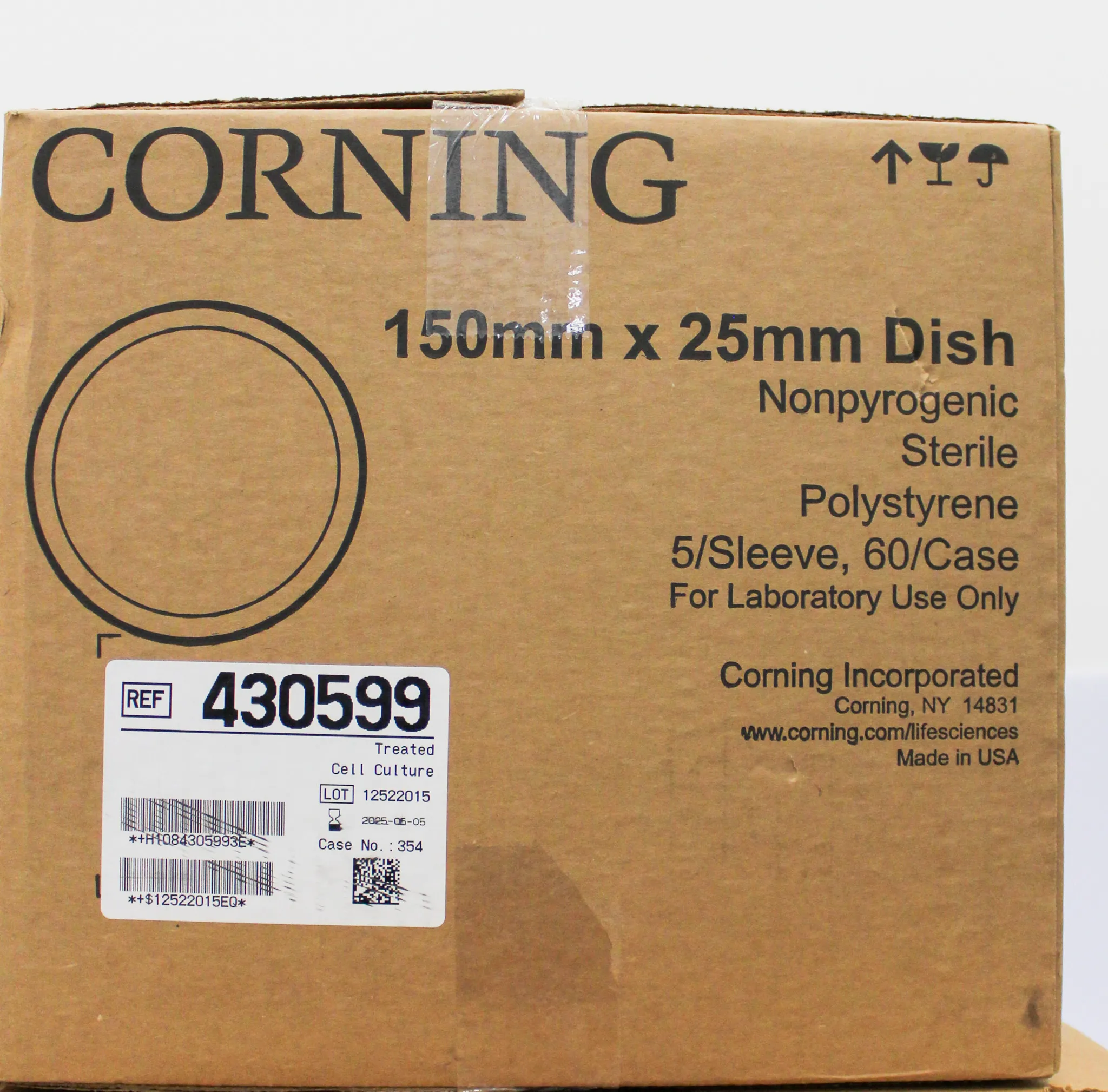 CORNING 150mm x 25mm Dish 5/Sleeve, 60 cases Ref: 430599 - Cell Culture Dish 150mm X 25mm Style Treated Sterile