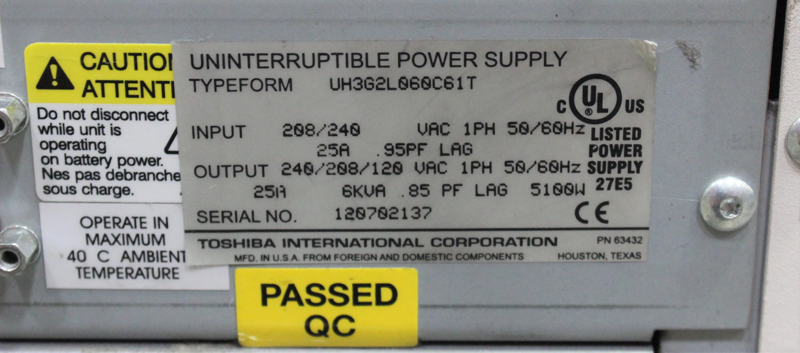 Toshiba 1600XP UPS 6kVA On-Line Uninterruptable Power Supply UH3G2L060C61T