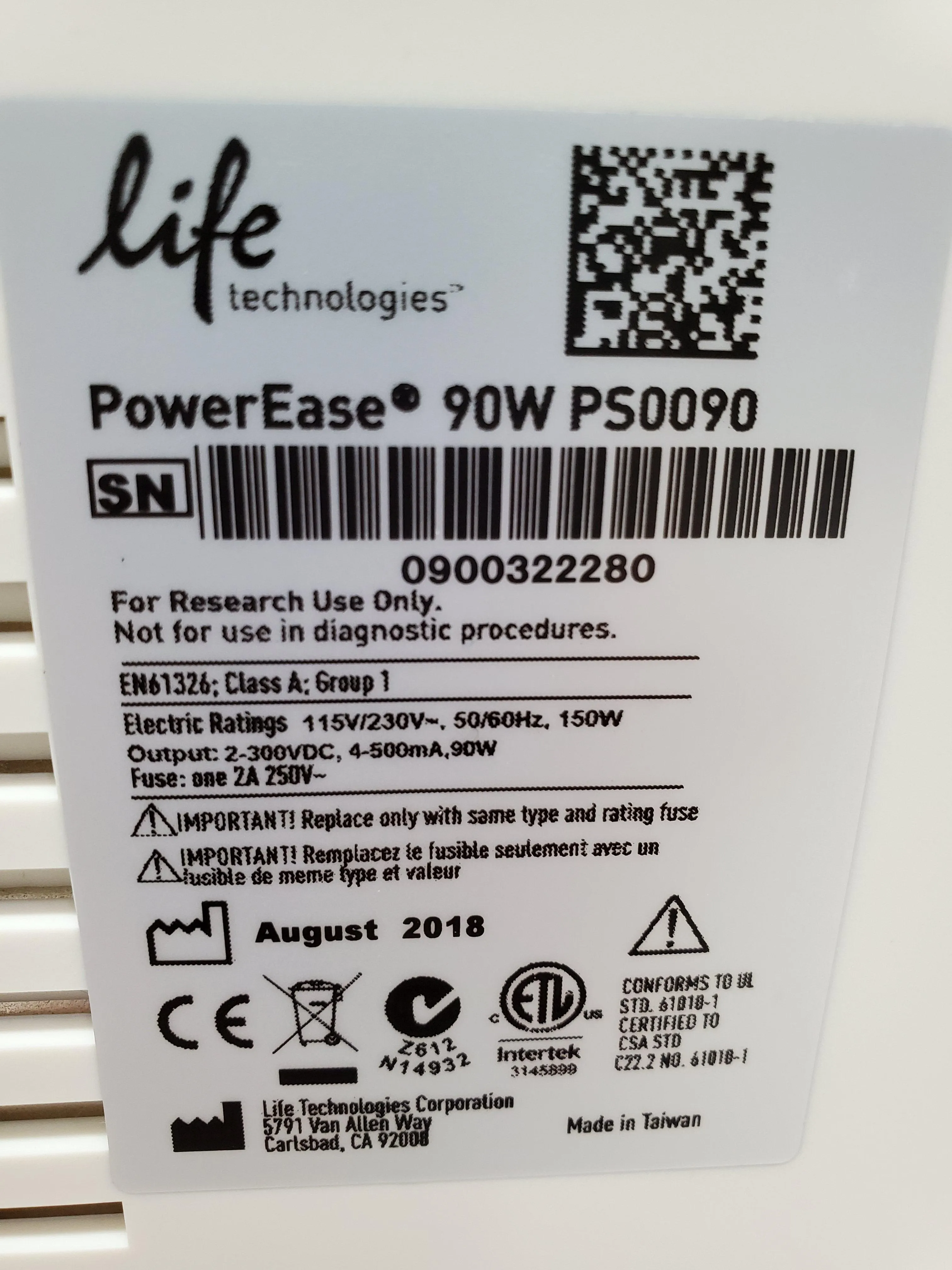 Life Technologies PowerEase 90W Power Supply PS0090