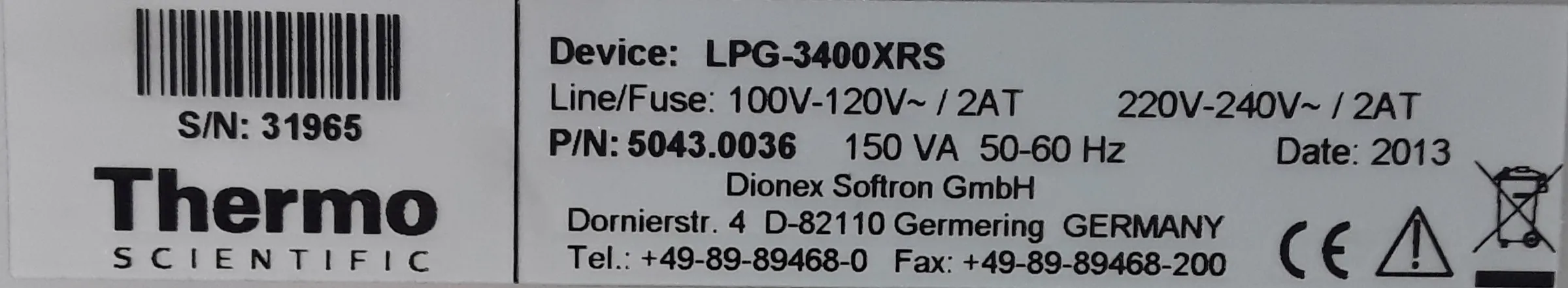 Dionex LPG- 3400XRS Pump for HPLC / FPLC / GC / CE Laboratory Equipment