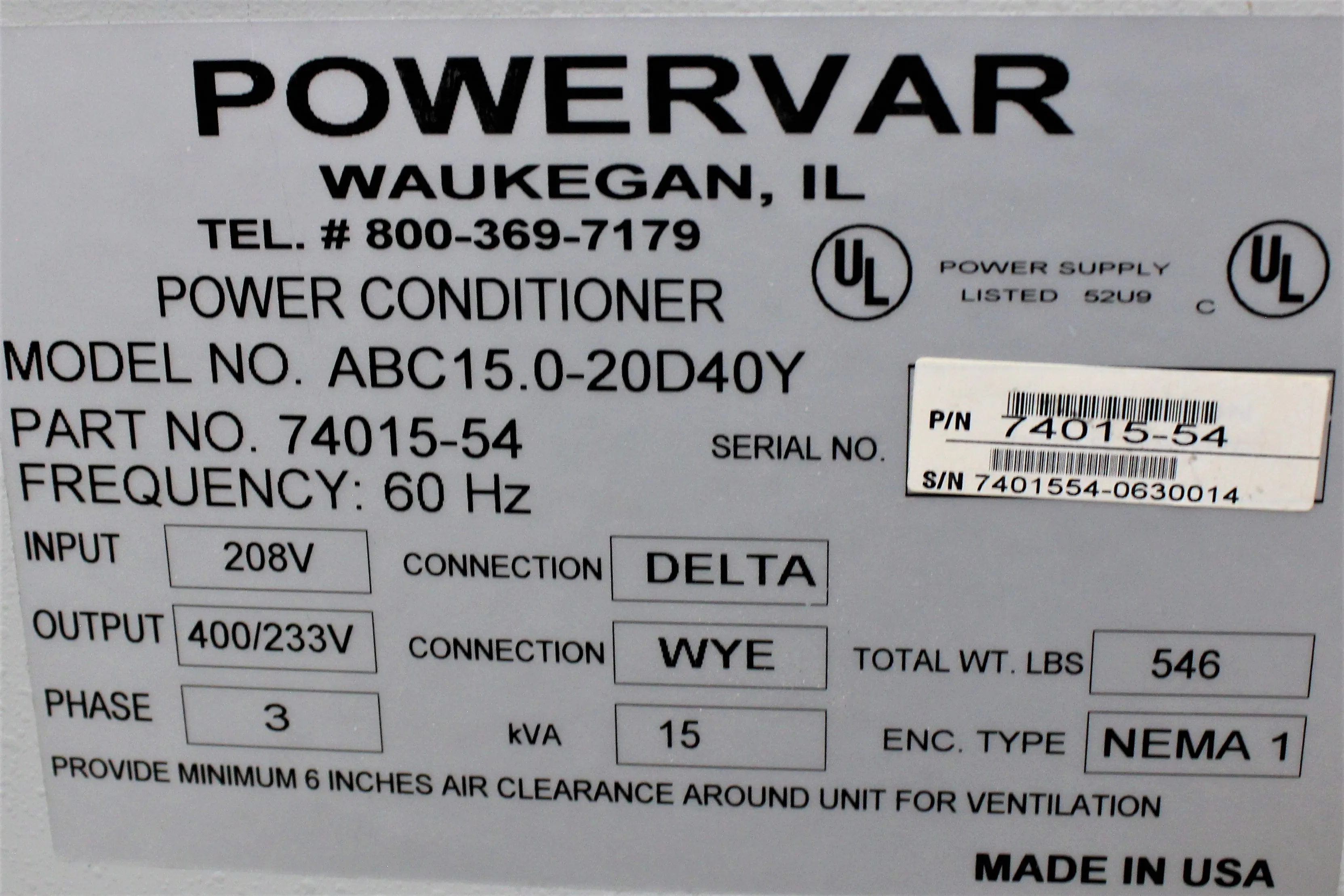 Powervar GPI Series 2000 ABC15.0-20D40Y Power Conditioner