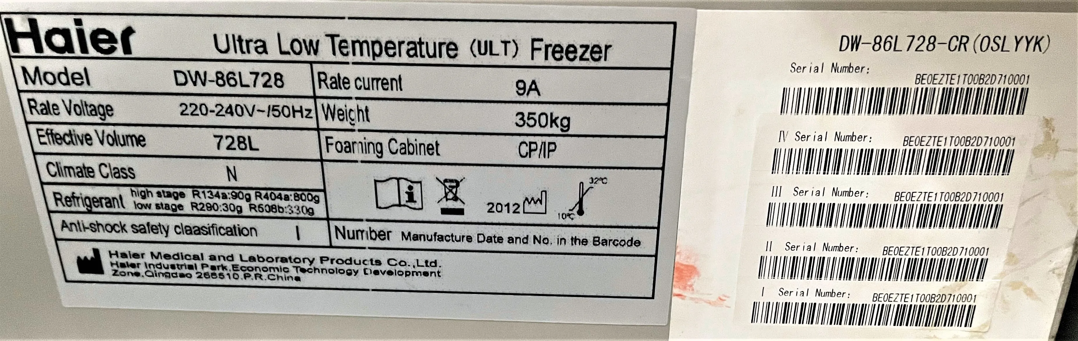 Haier ULT Freezer DW-86L728 (220V, 50Hz) - New