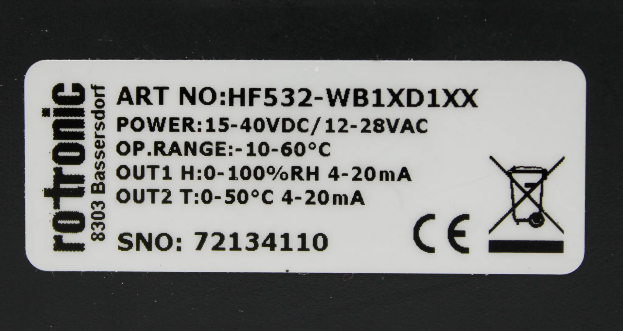 Rotronic Hydroflex HF532-WB1XD1XX Temperature Transmitter 3-wire