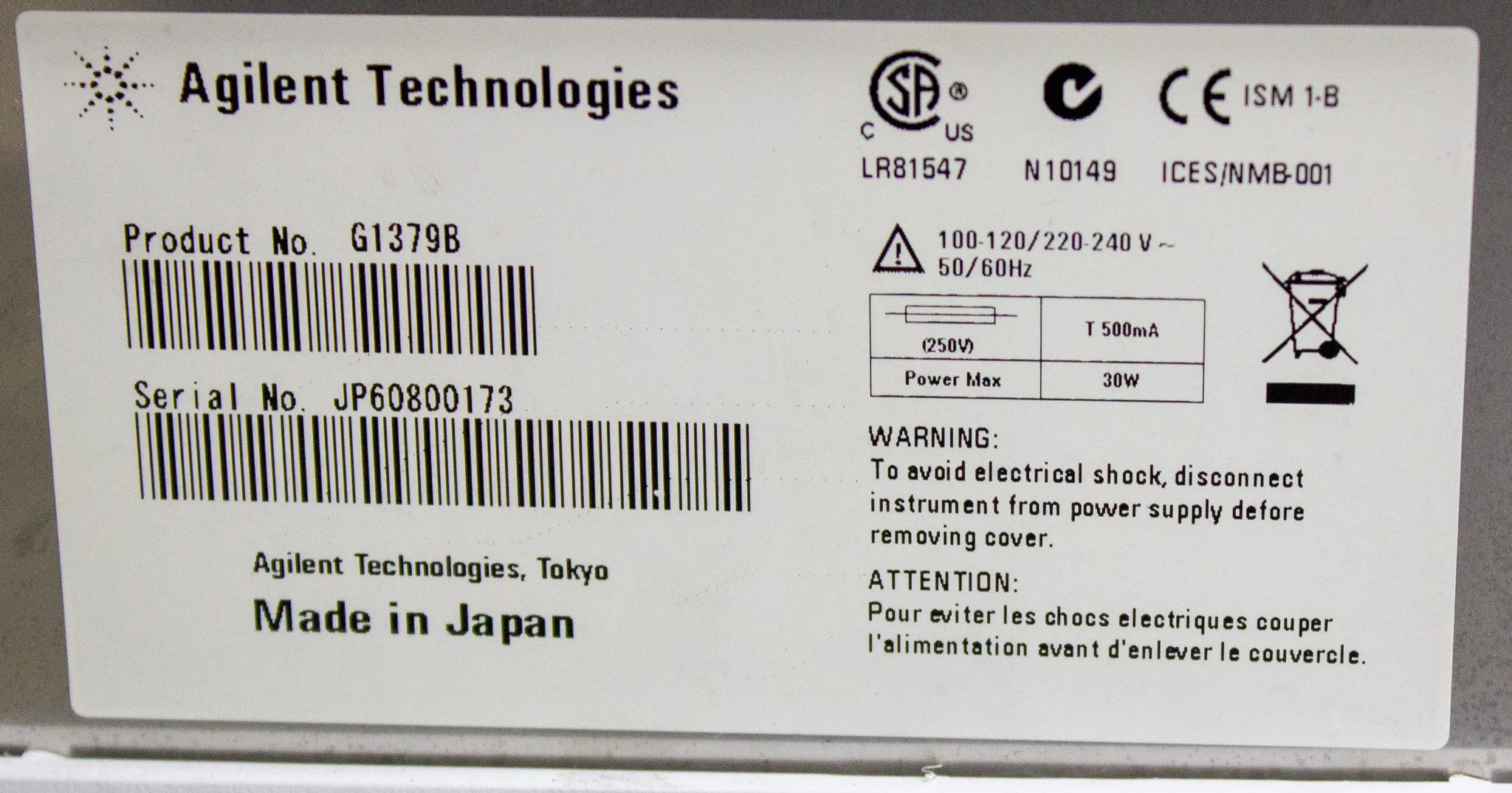 Agilent G1379B HPLC Degasser with Solvent Tray