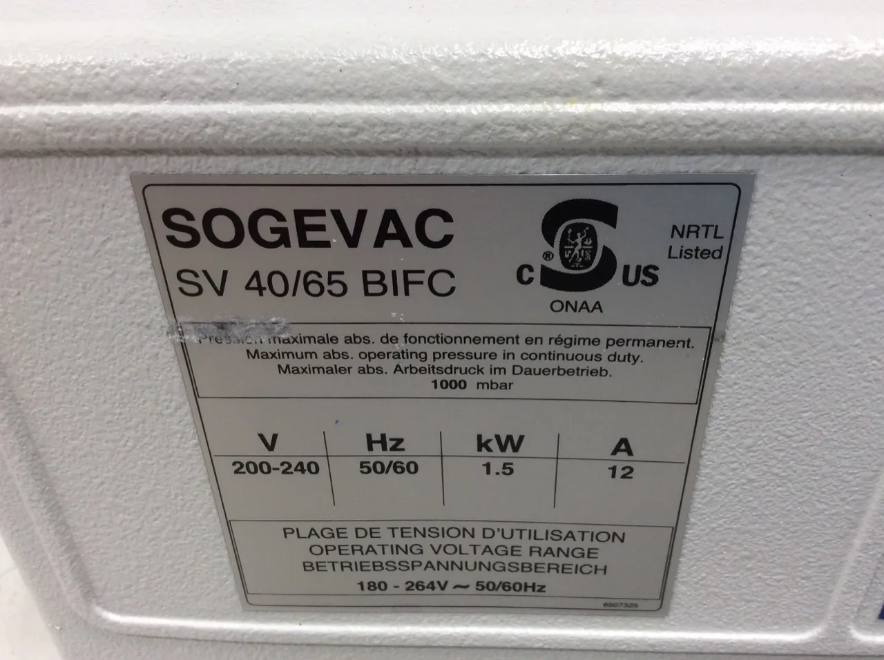 Sogevac SV65 BI FC Single Stage Oil Sealed Rotary Vane Vacuum Pump 1.1 Torr