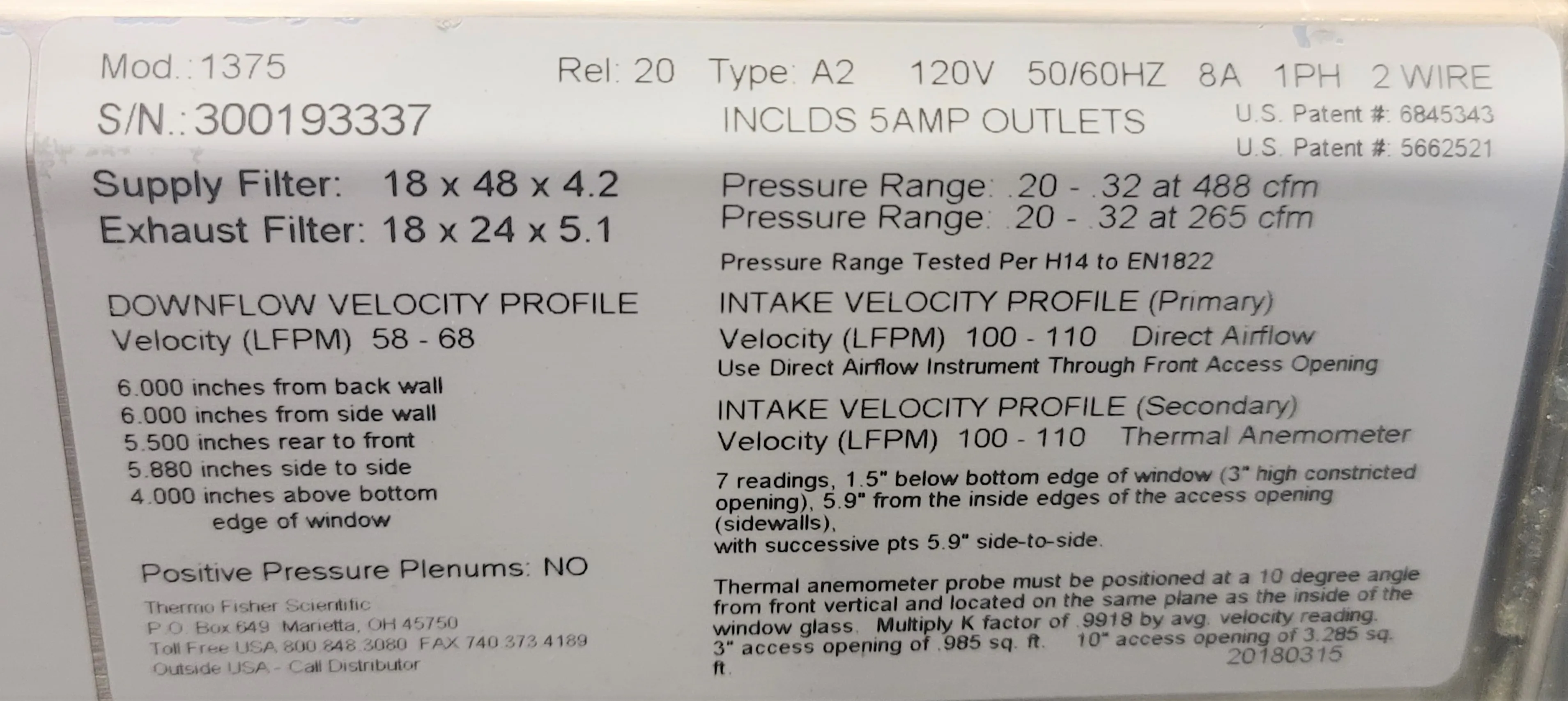 Thermo Scientific 1375 4 Foot Class II Type A2 Biological Safety Cabinet