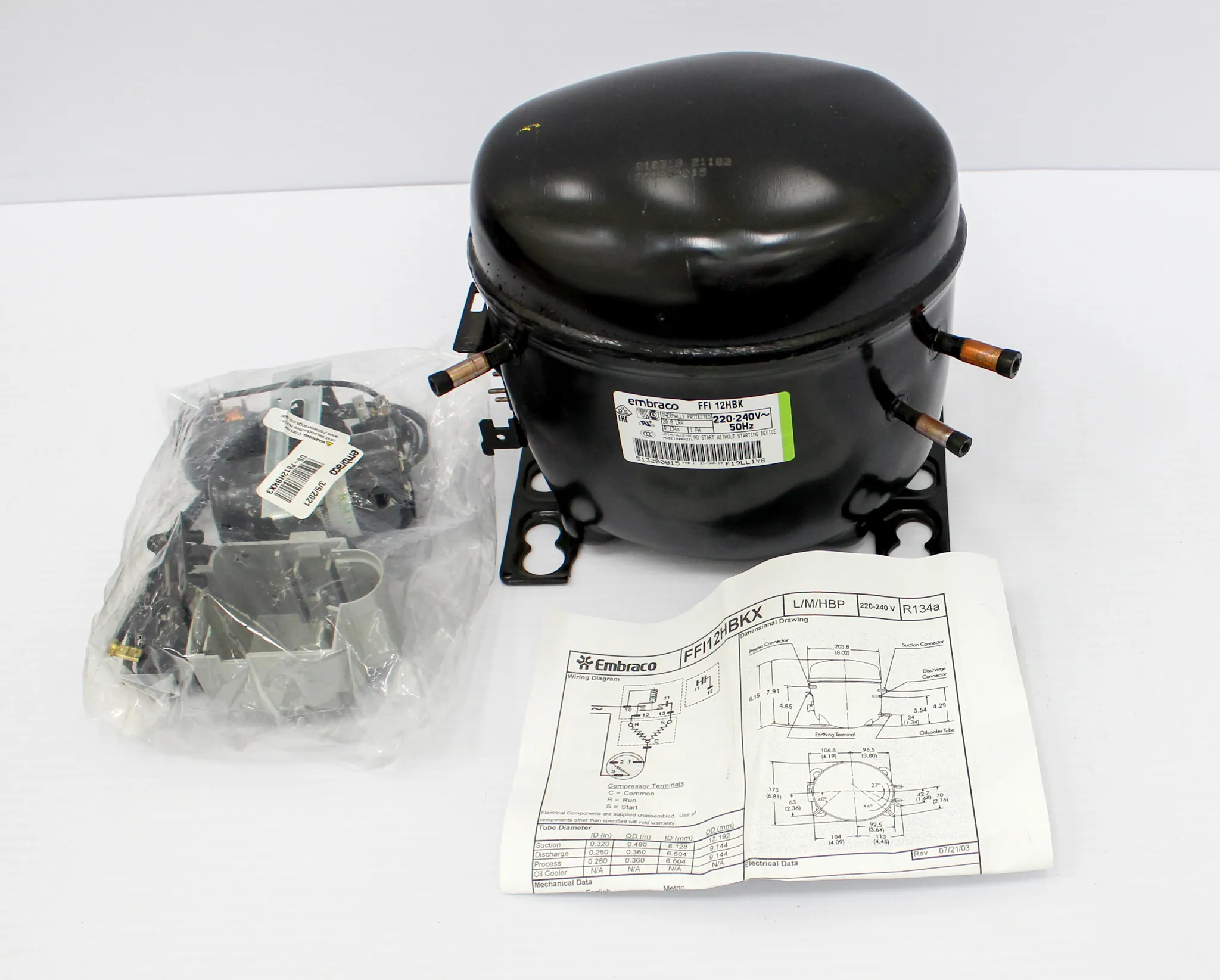 Embraco FFI12HBK / R134 Refrigeration Compressor with Accessories