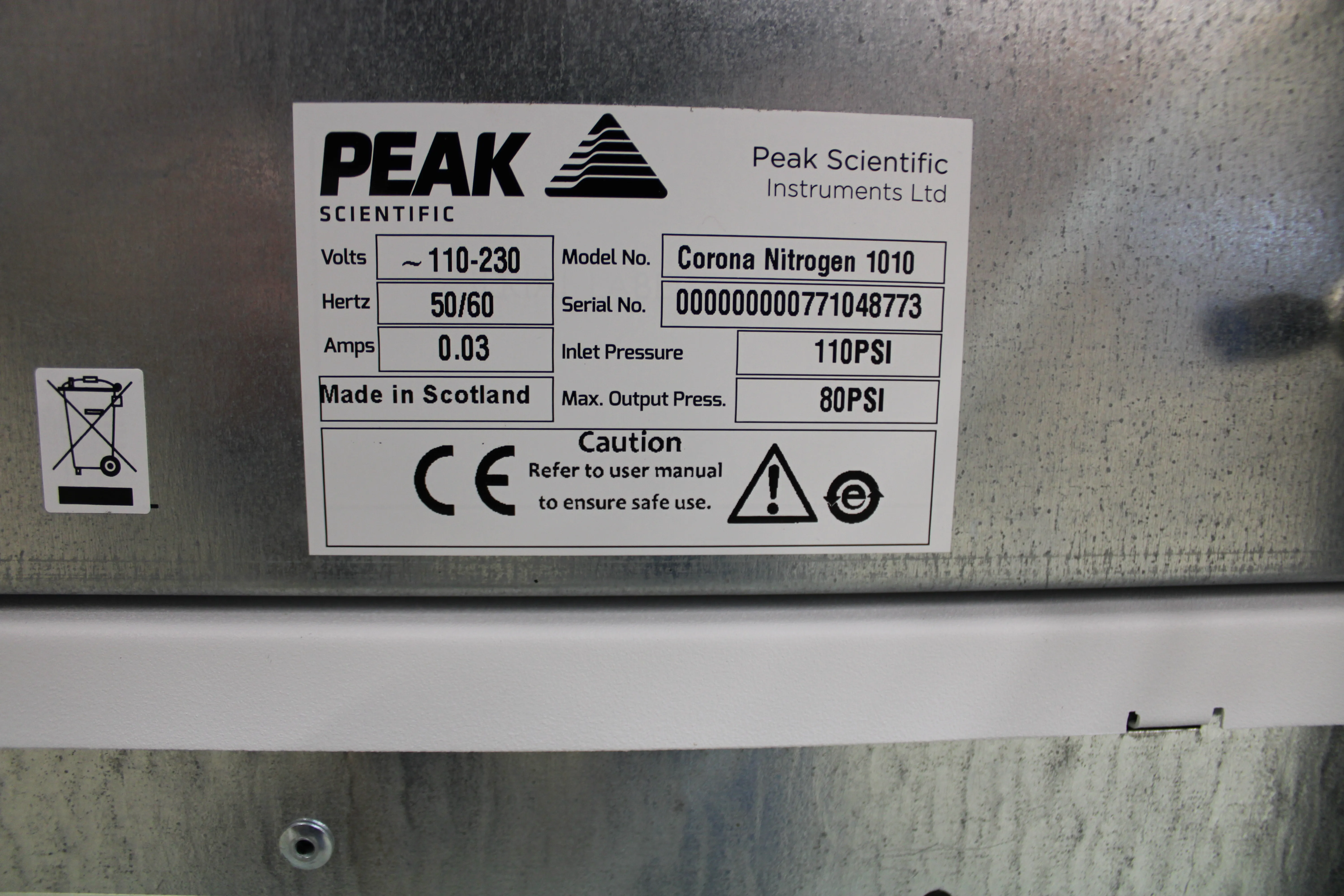 Used Peak Scientific Corona N2 Nitrogen Generator & Corona Air Compressor