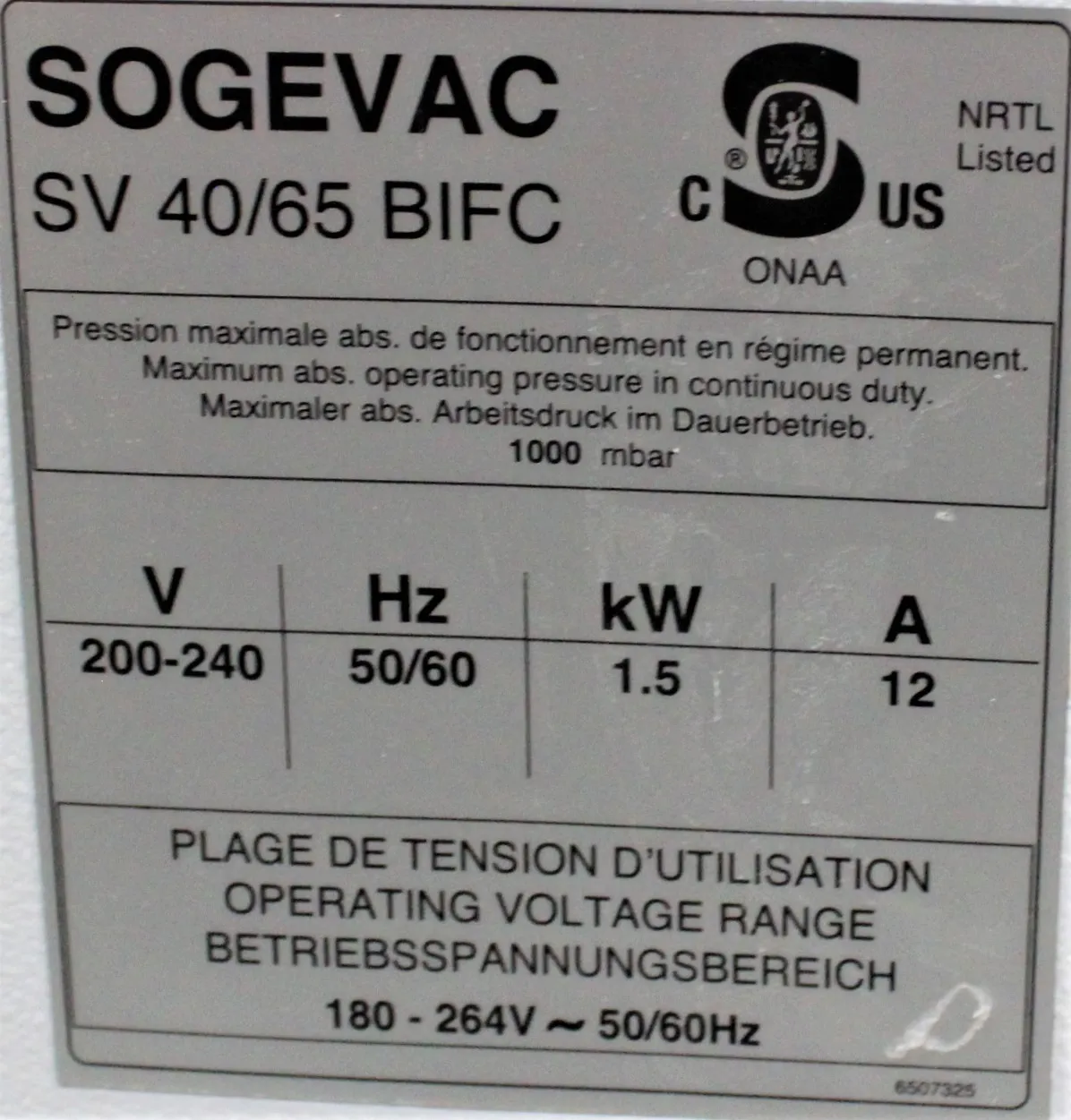 Leybold Sogevac SV65 BI FC Vacuum Pump 220V 60Hz US