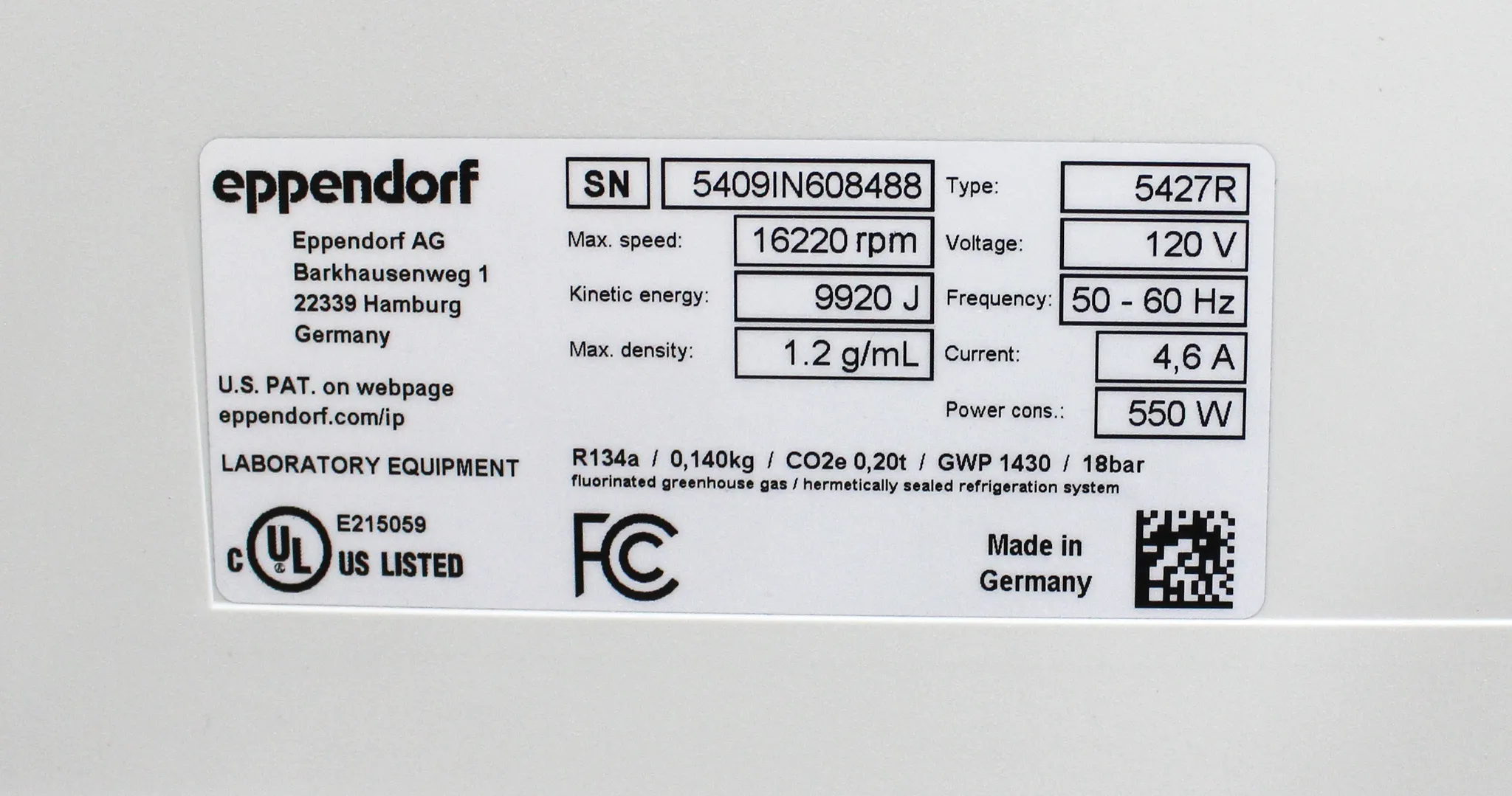 Eppendorf Refrigerated Centrifuge 5427 R with Rotor and Accessories