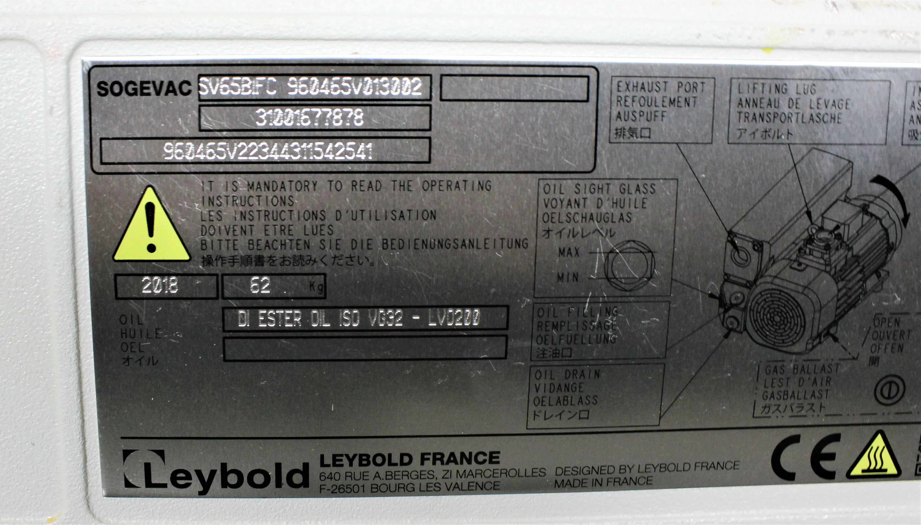 Leybold Sogevac SV65 BI FC Vacuum Pump 240V 50-60Hz