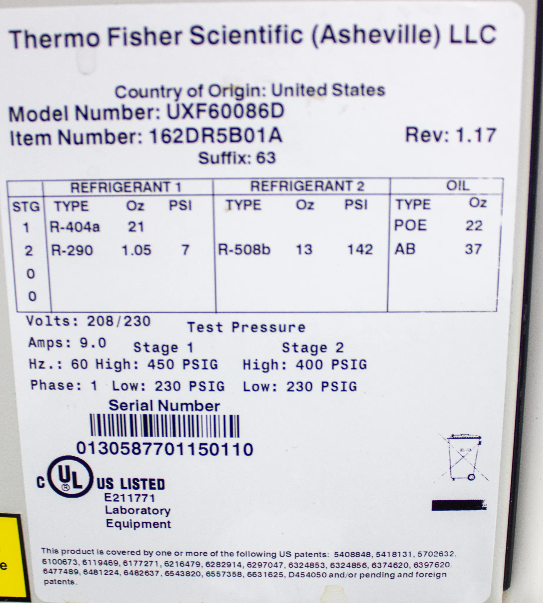 Thermo Revco UXF Ultra Low Temperature Freezer Model UXF60086D63