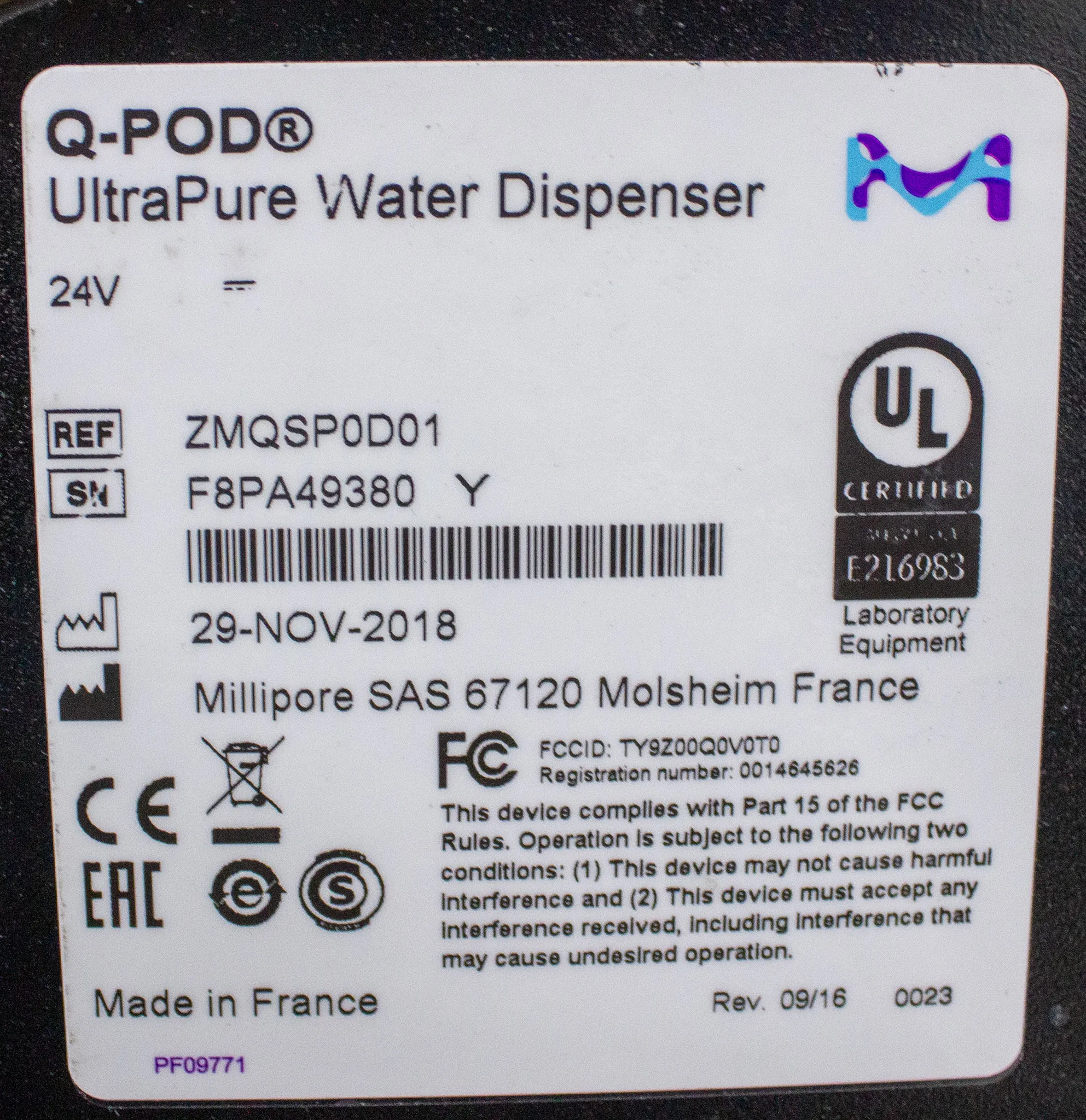 Millipore Q-Pod UltraPure Water Dispenser ZMQSP0D01