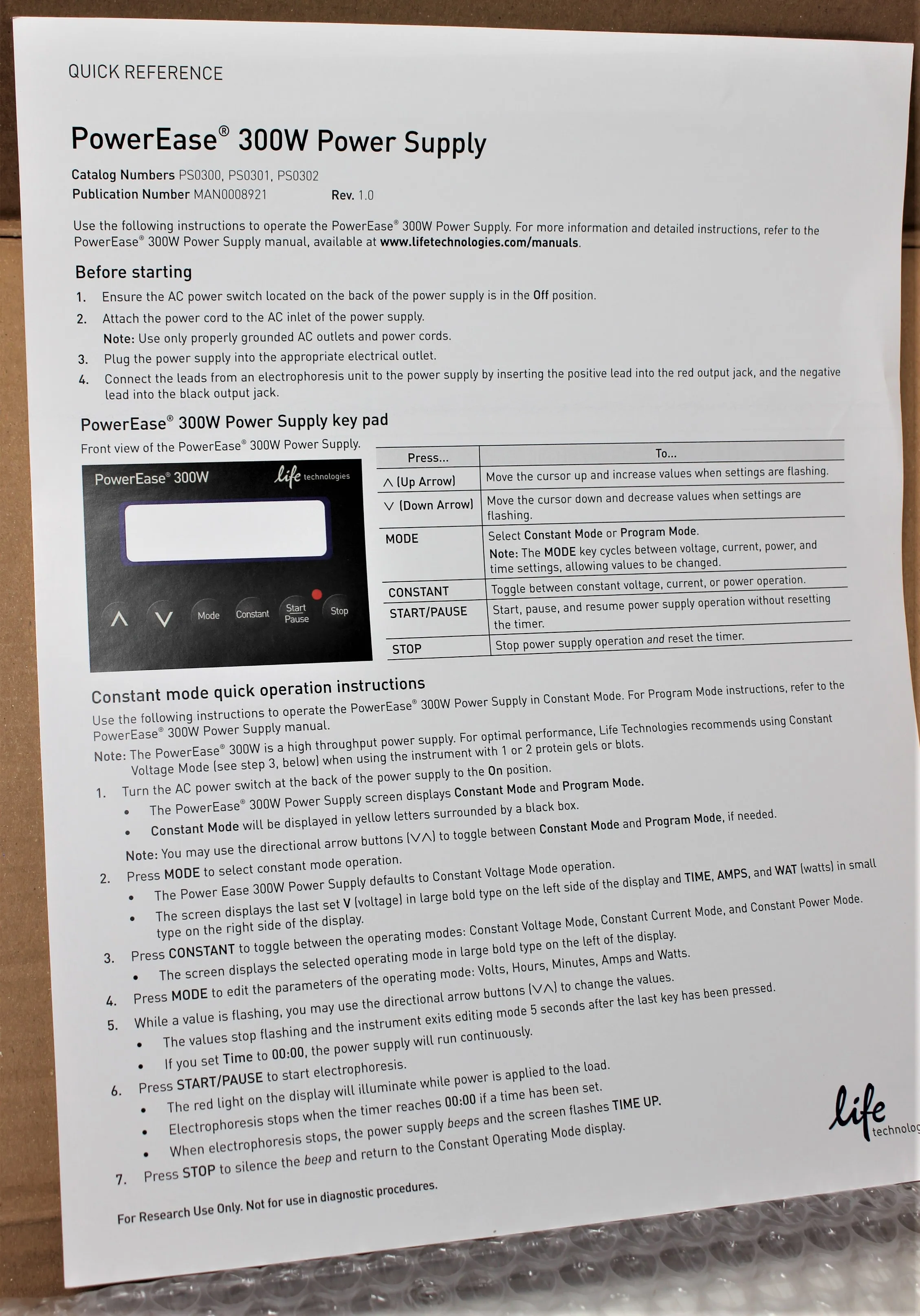 Life Technologies PowerEase 300W PS0300 Programmable Power Supply