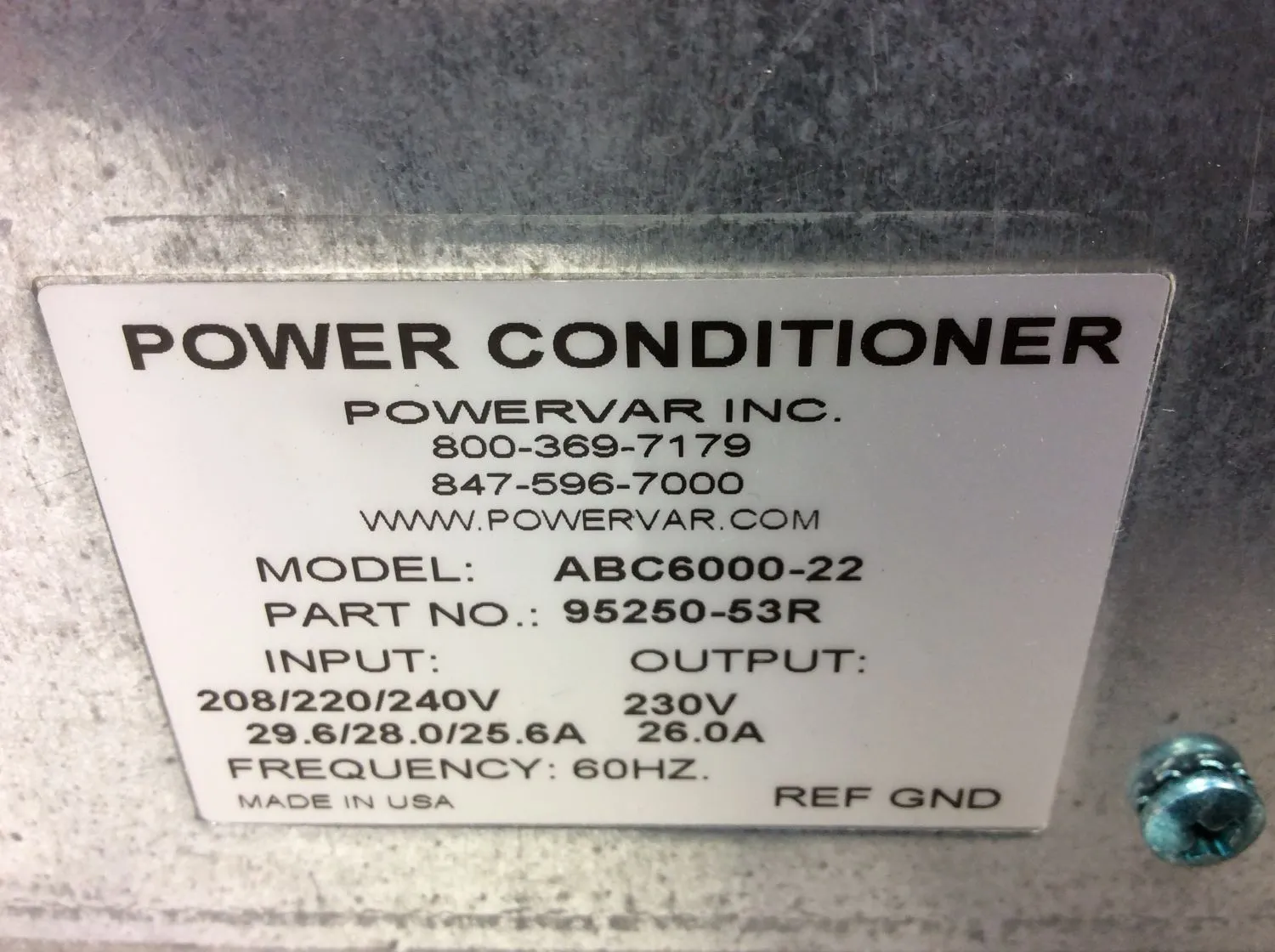 Used PowerVar Power Conditioner Model ABC6000-22