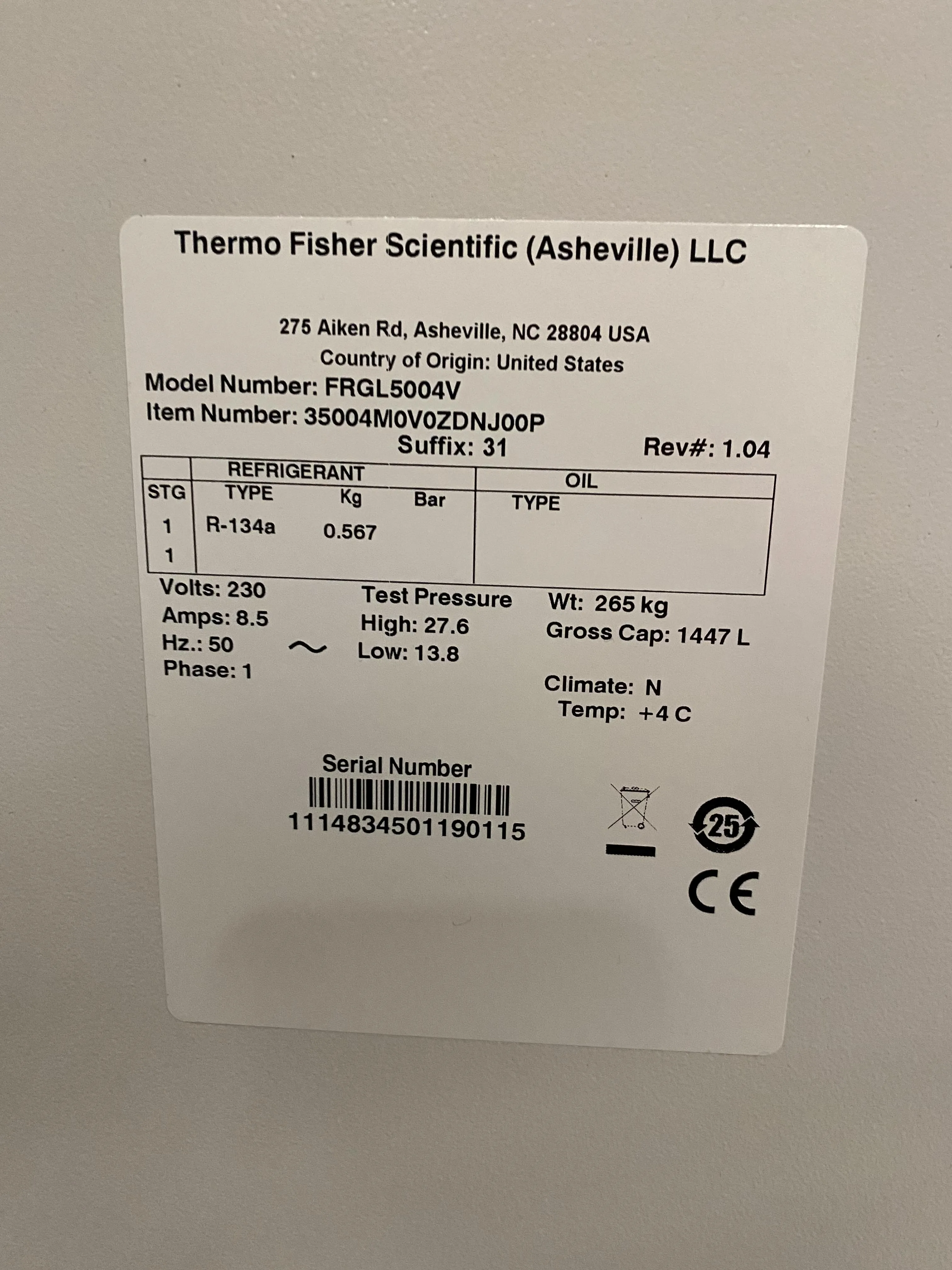 Thermo Scientific Forma High-Performance Lab Refrigerator FRGL5004V