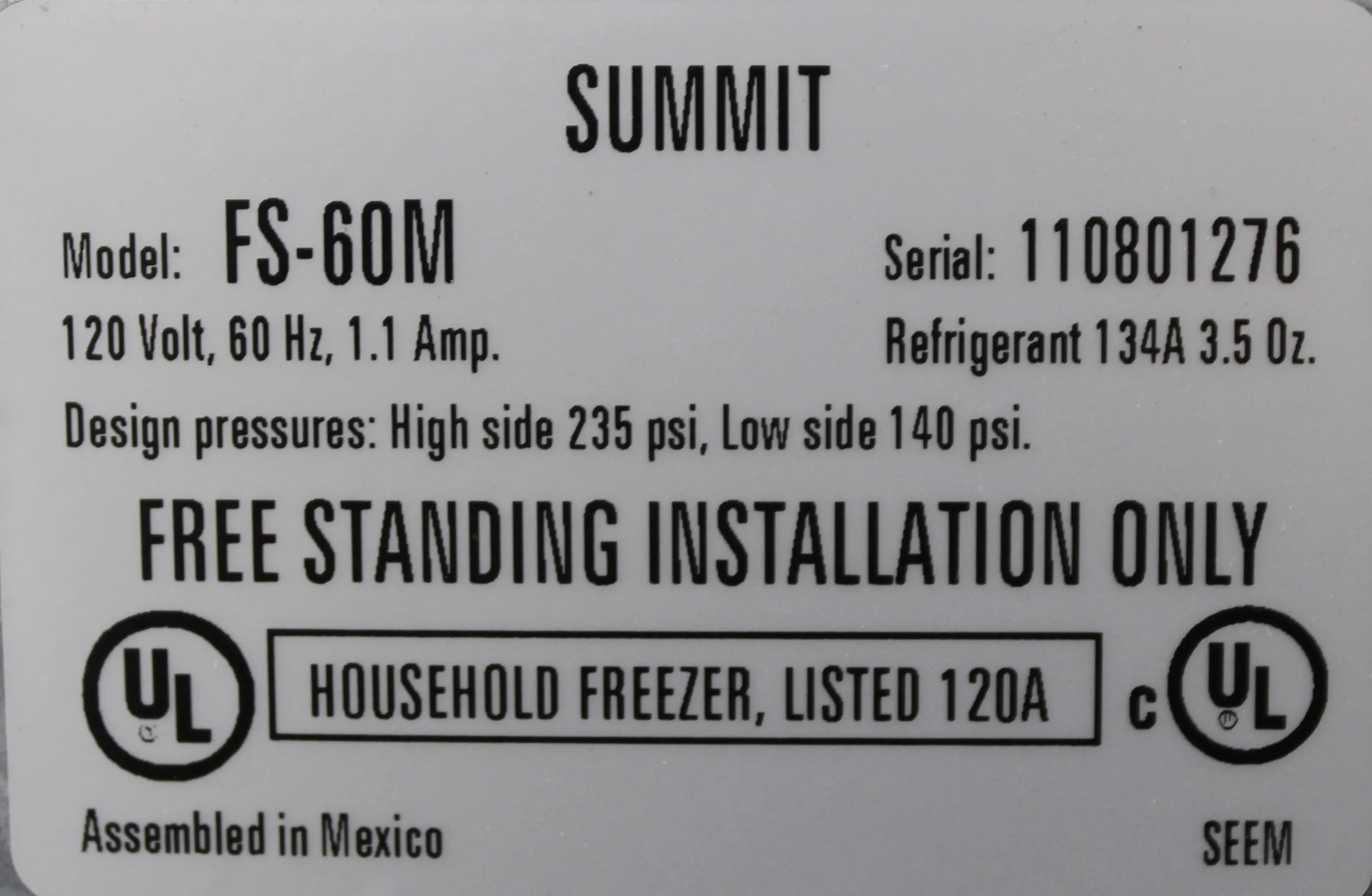 SUMMIT FS60M Energy Efficient Front-Opening Freezer