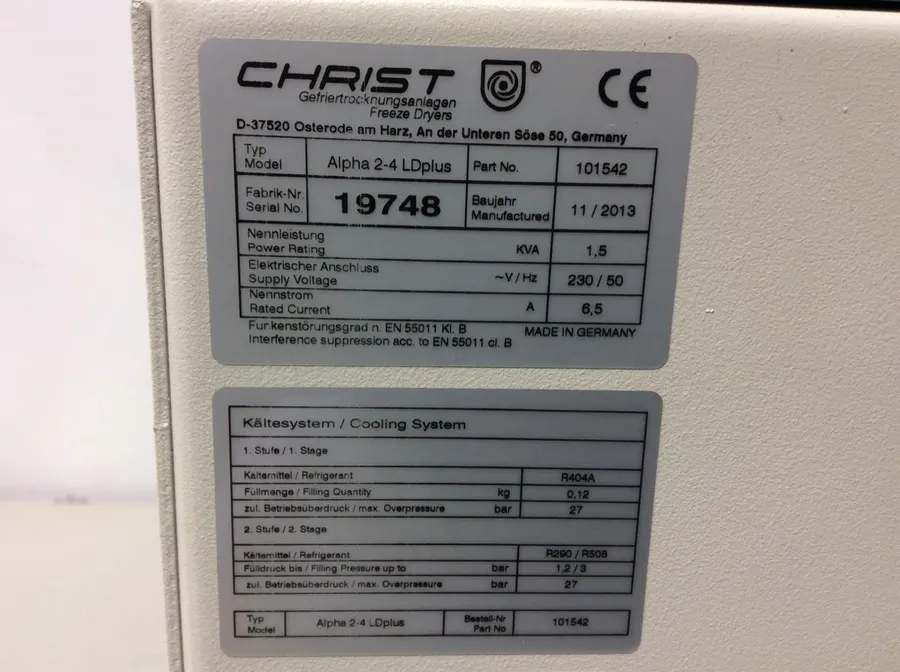 Lab Lyophilizer Christ Alpha 2-4 LD Plus Freeze Dryer