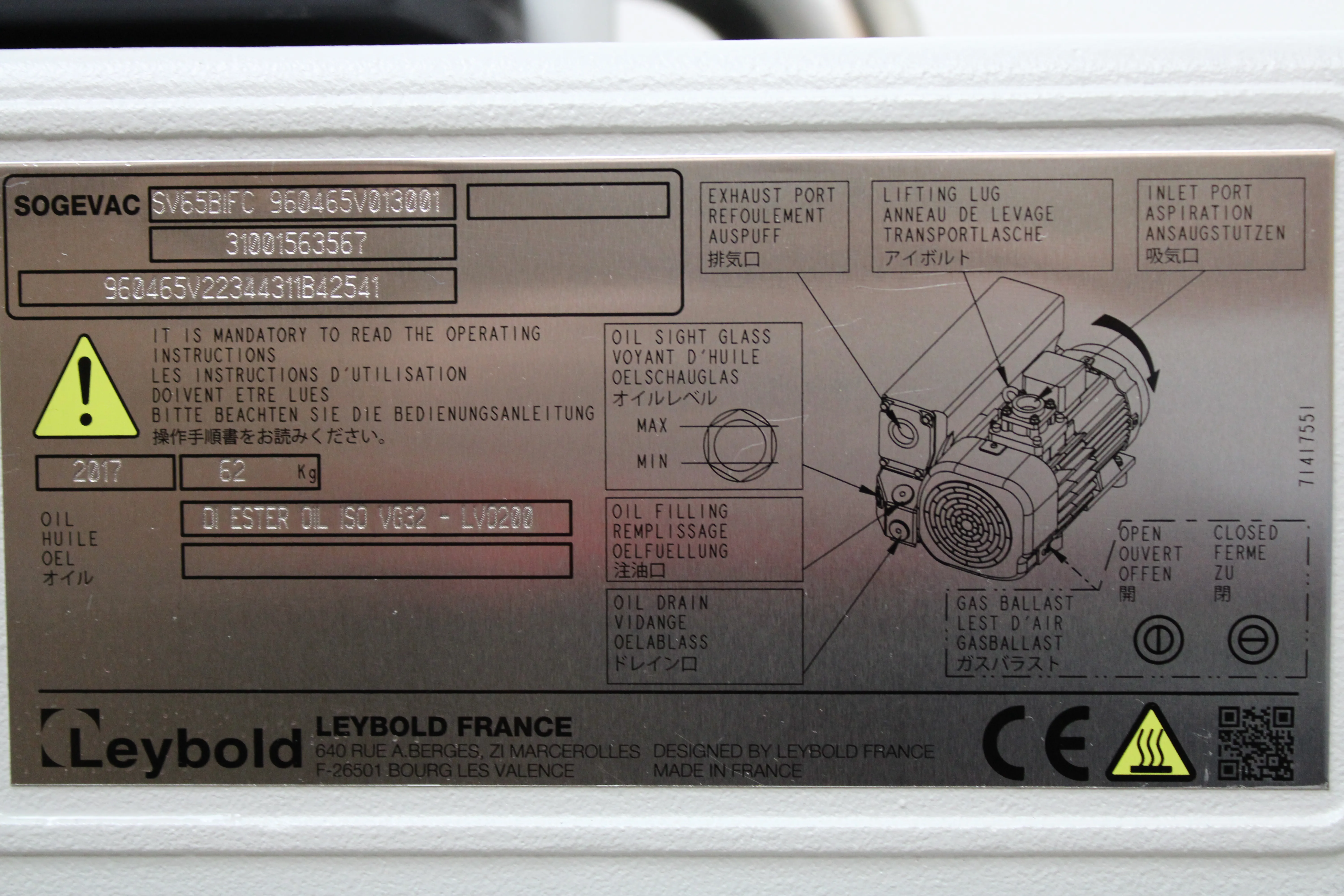 Leybold Sogevac Vacuum Pump SOGEVAC SV65BIFC 960465V013001