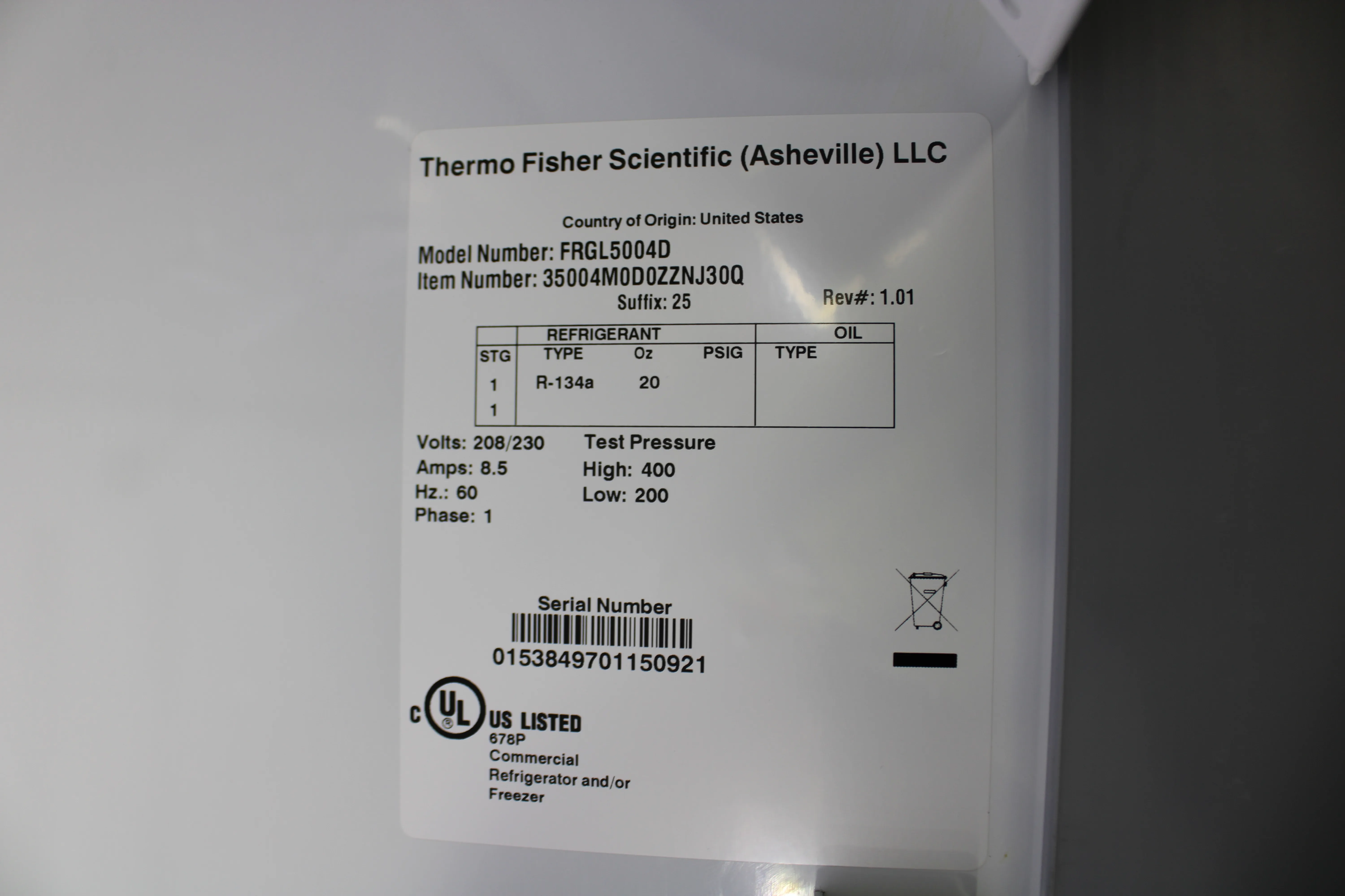 Thermo Fisher Scientific FRGL5004D Double Door Refrigerator