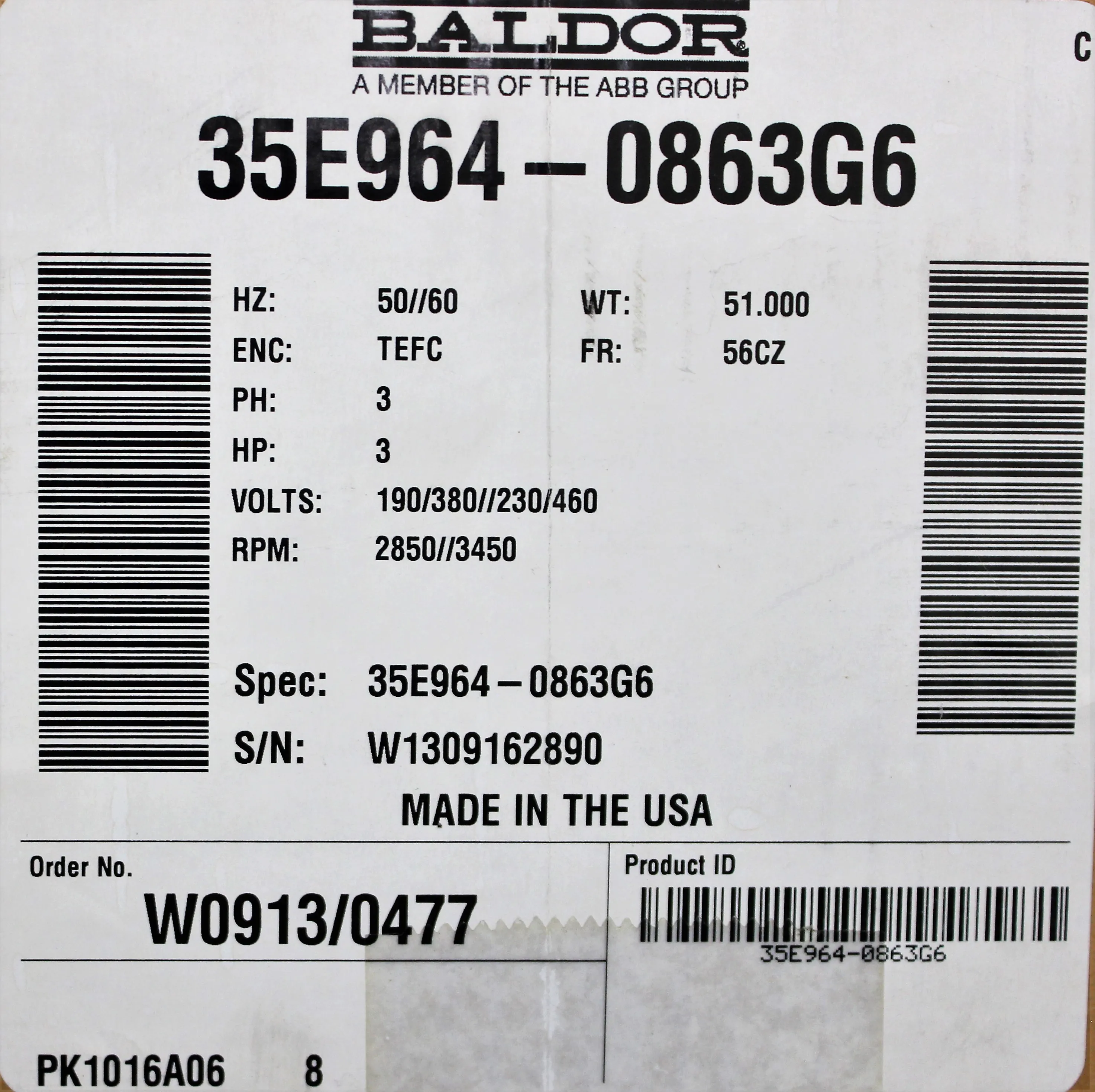 Baldor 35E964-0863G6 AER Motor 3HP General Purpose Motor 56CZ Frame NEMA 82.5% EFF