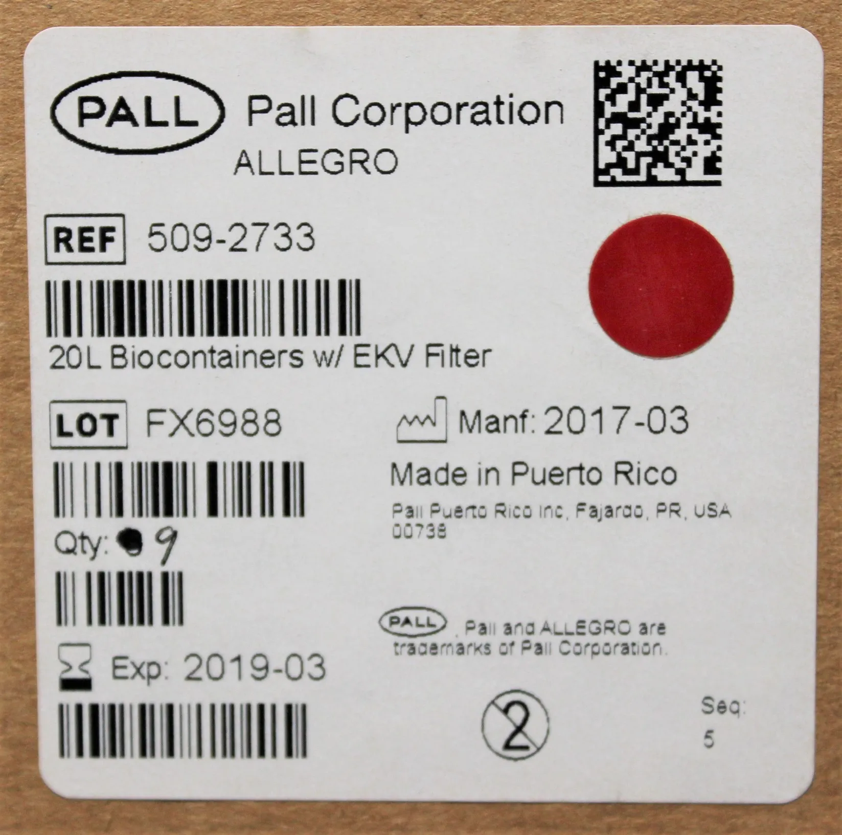 Pall Allegro 20L BioContainer 509-2733 w EKV Filter