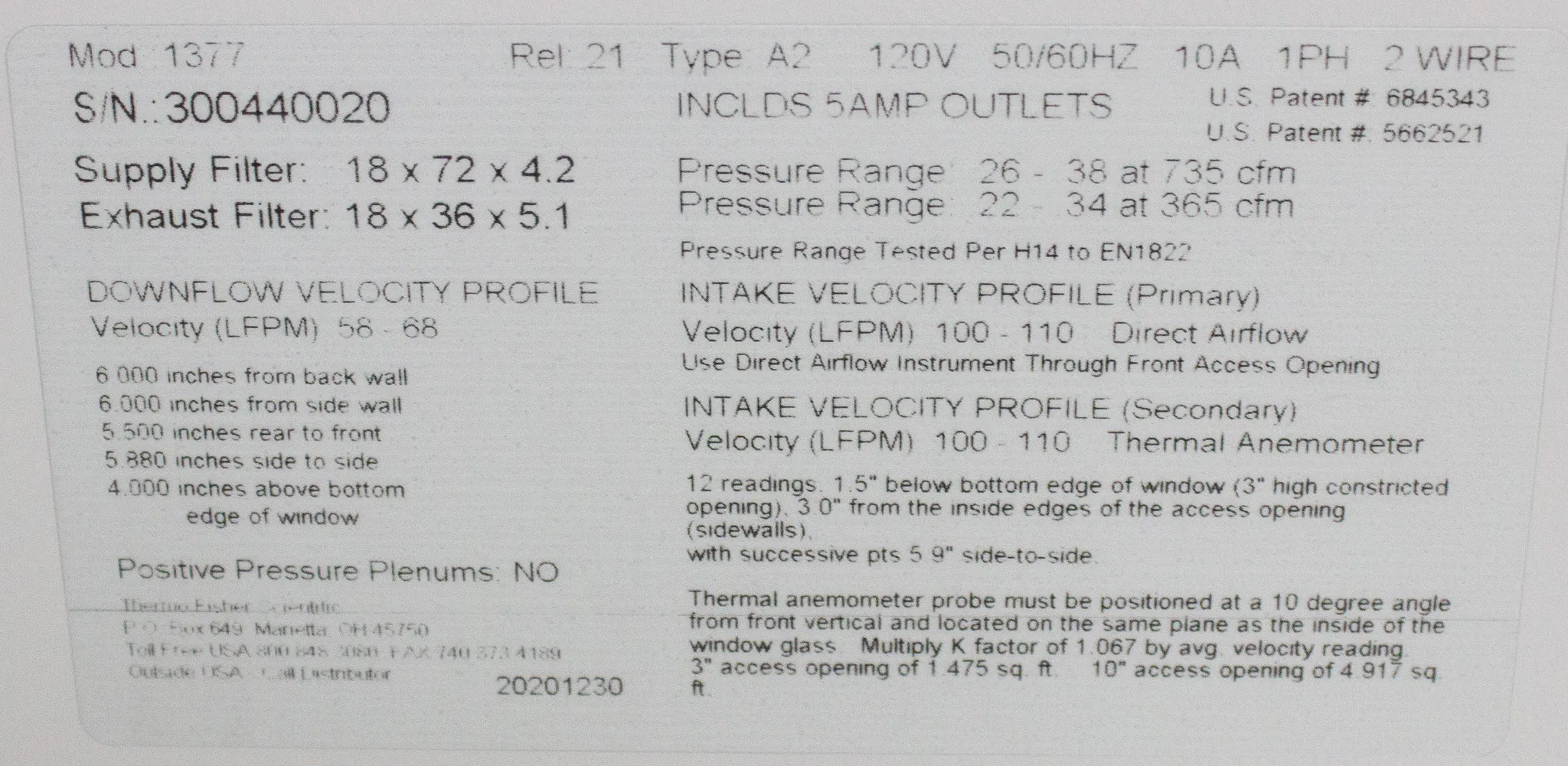 Thermo Scientific 1300 Series Class II, Type A2 Biological Safety Cabinet Model 1377